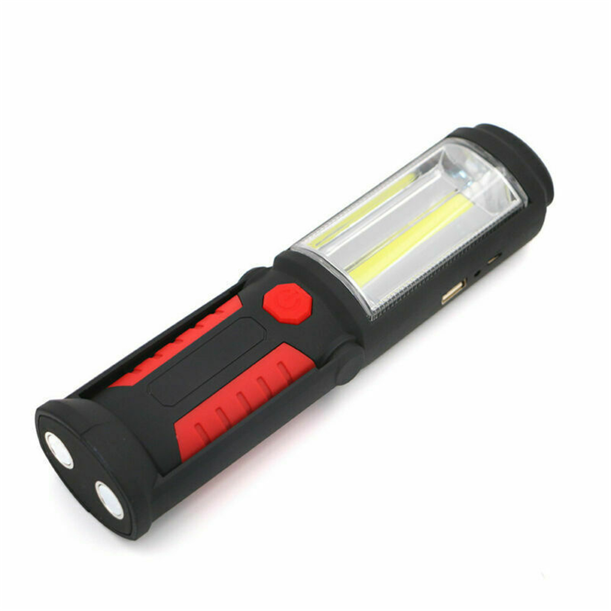 Eine schwarze und rote Taschenlampe. Es hat zwei Lichter vorne und einen roten Knopf. USB-Anschluss.