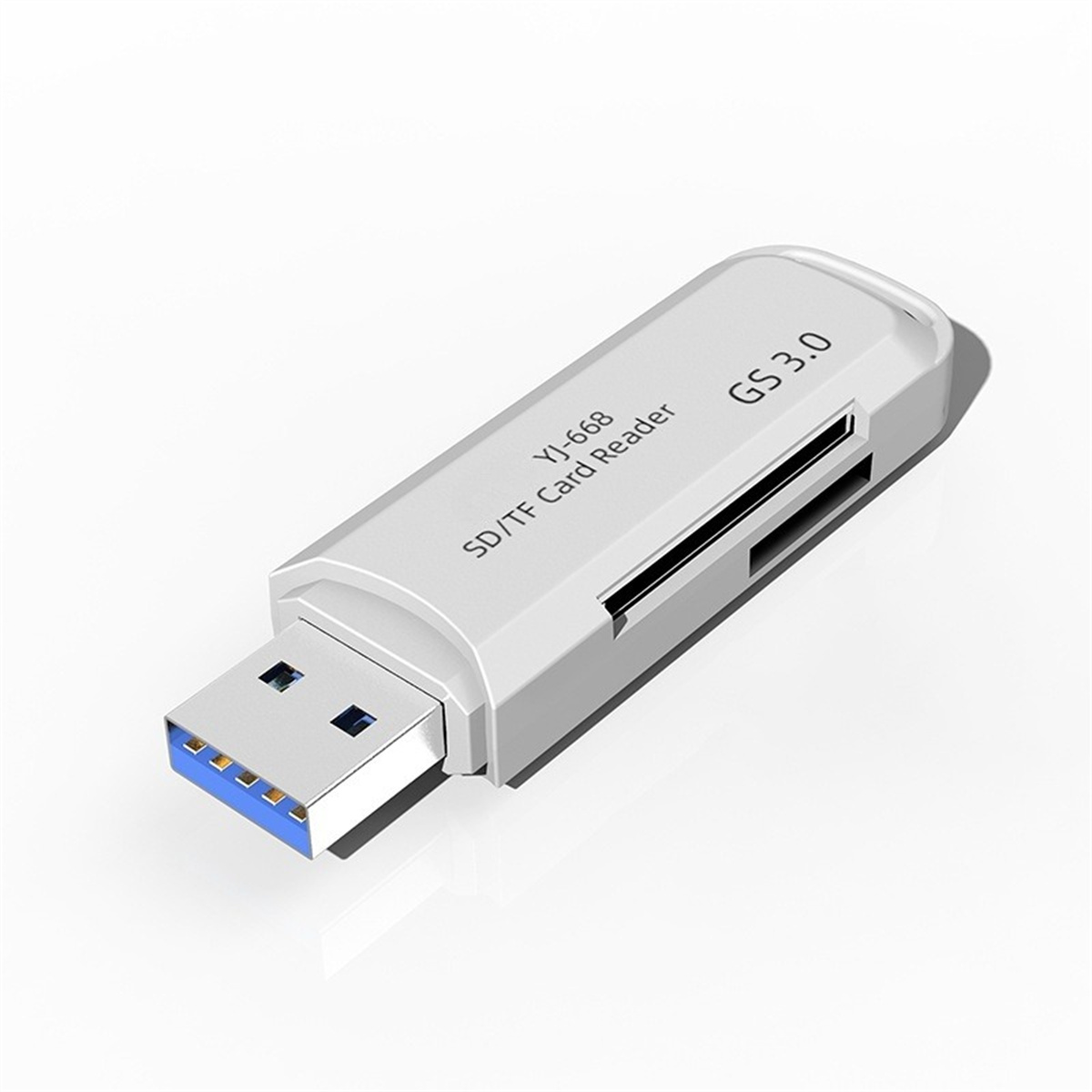 Weißer USB SD/TF-Kartenleser mit blauem USB-Ende.