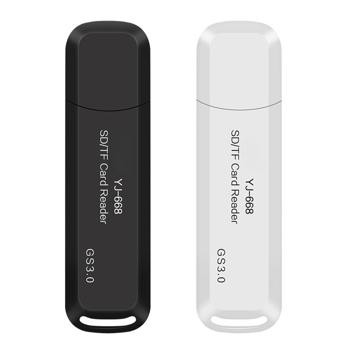 Zwei SD/TF-Kartenleser, einer schwarz, einer weiß, mit Text: YJ-668, GS3.0.