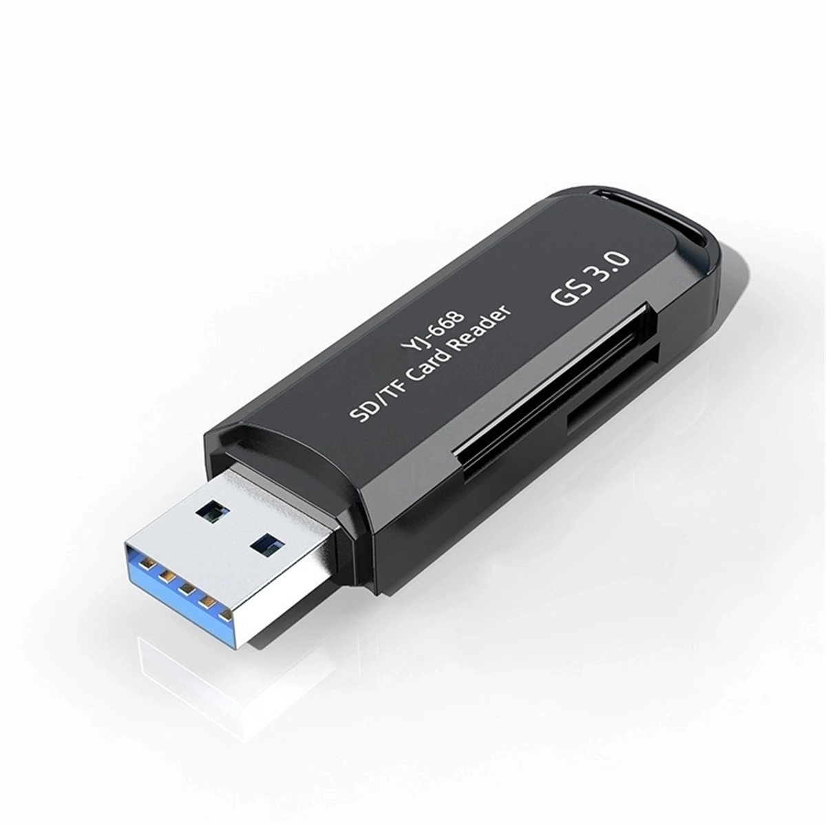 Ein schwarzer SD/TF-Kartenleser mit einem USB 3.0-Anschluss.