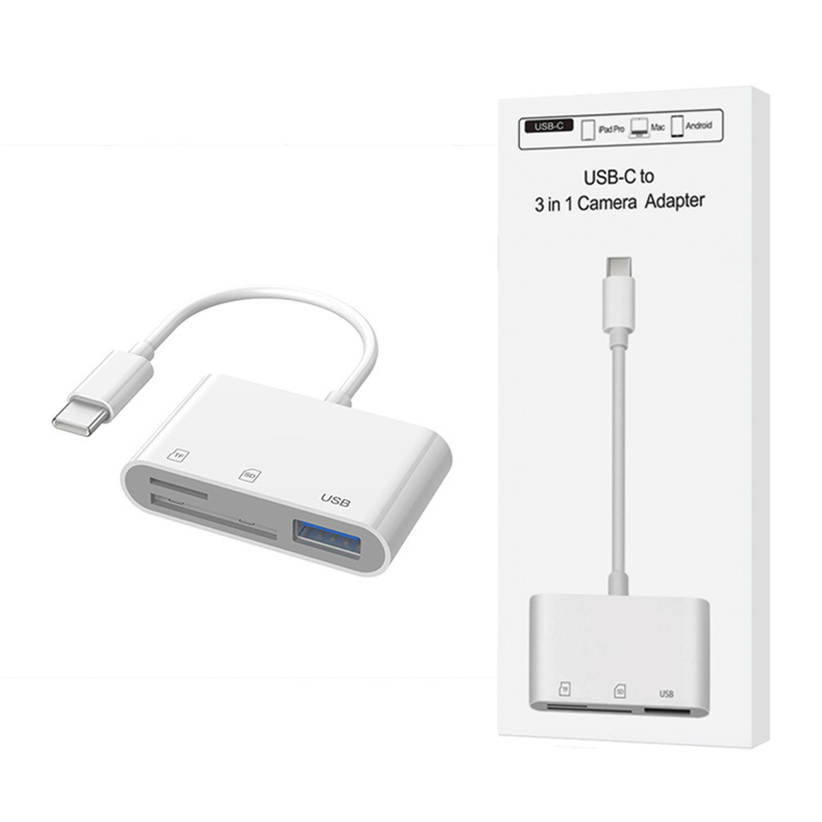 Weißer USB-C-Adapter mit weißer Box. Weißer Hintergrund.