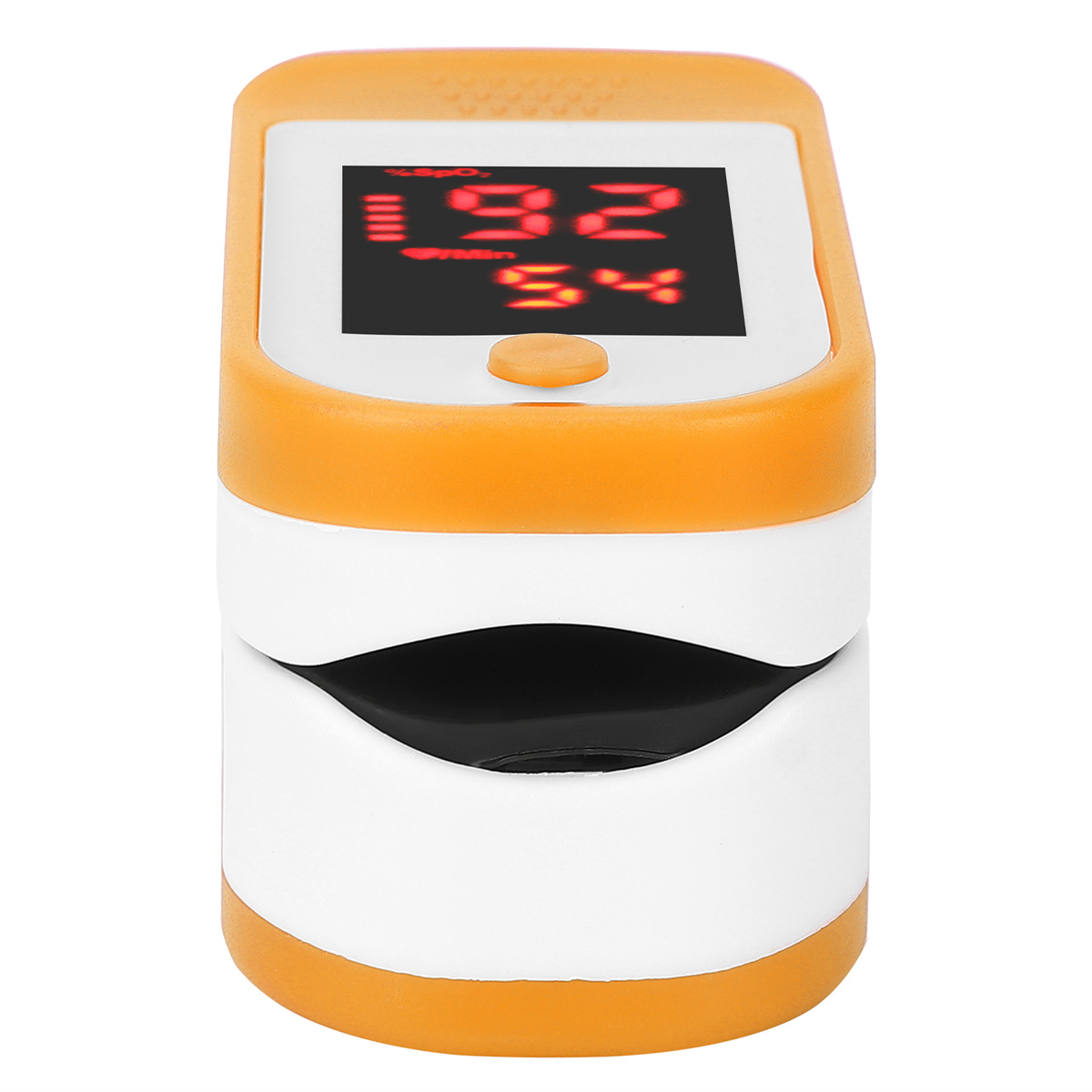 Ein Fingerpulsoximeter mit einem orange-weißen Gehäuse, das eine rote Anzeige zeigt.