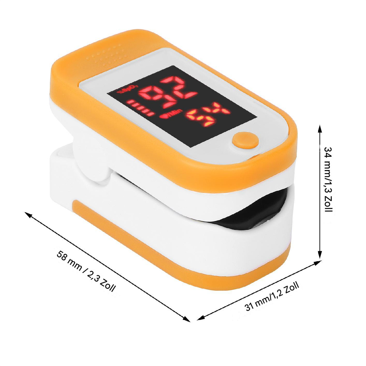 Ein orange-weißes Oximeter zeigt Messwerte an.
