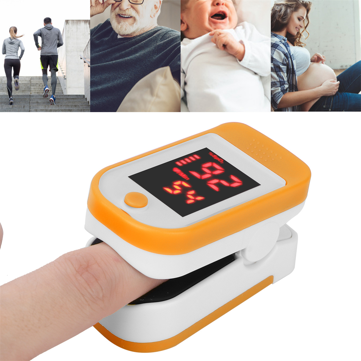 Ein Fingertip-Pulsoximeter mit digitaler Anzeige. Zeigt Sauerstoffsättigung und Pulsfrequenz an. Gesundheitsüberwachungsgerät.