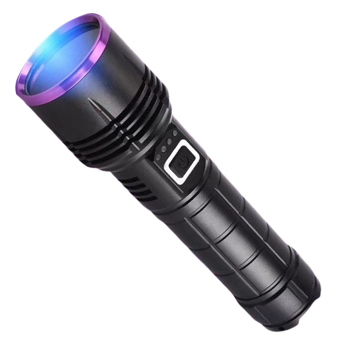 Eine schwarze Taschenlampe mit blauem Licht, das von vorne ausgeht, vor weißem Hintergrund.