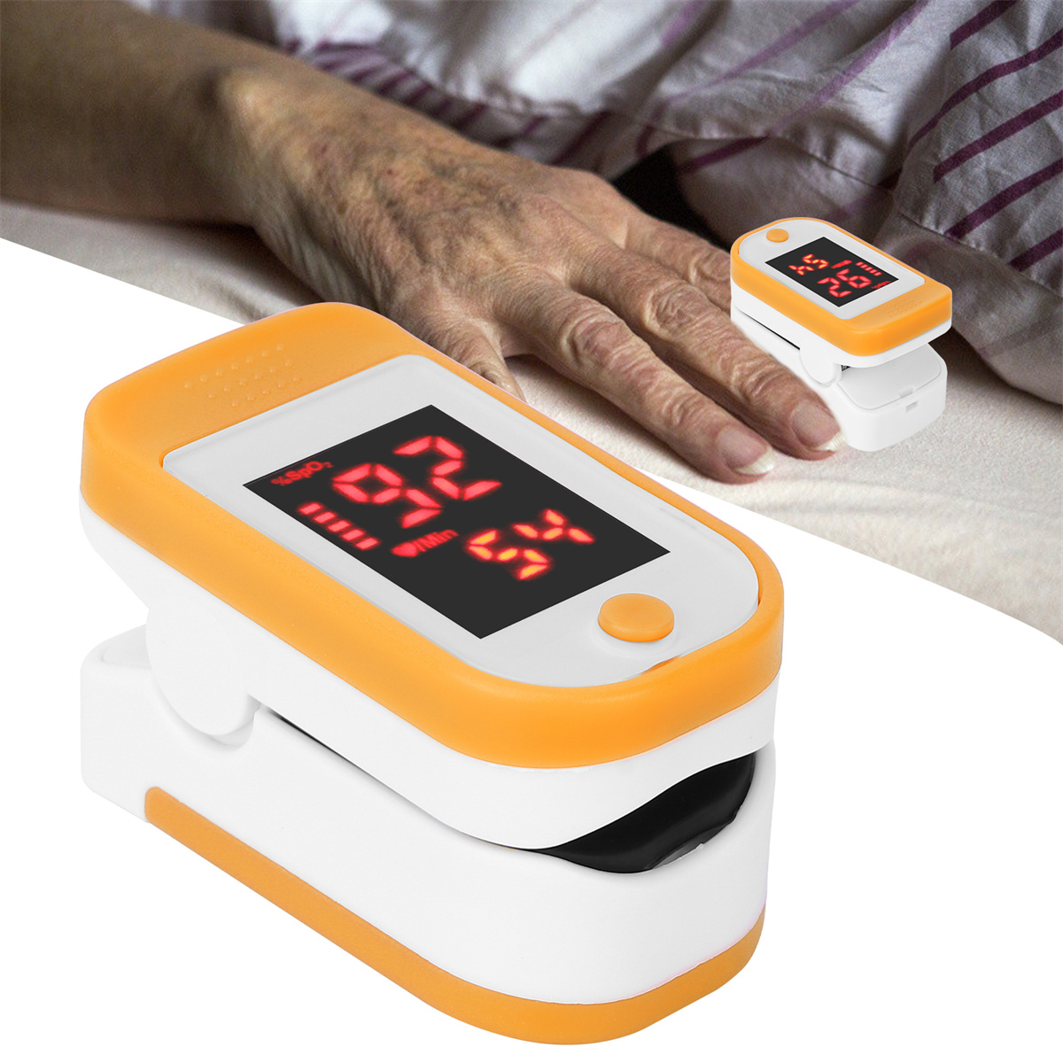 Ein orangefarbenes und weißes Pulsoximeter an einem Finger, das einen Wert anzeigt.