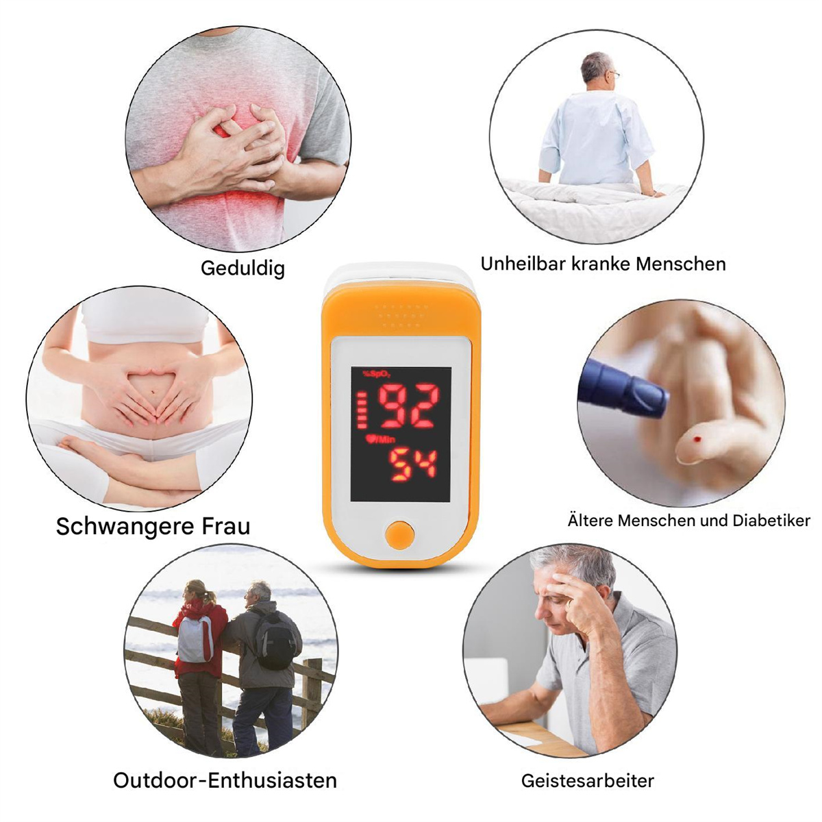 Ein medizinisches Gerät mit Messwerten und Bildern von Menschen mit verschiedenen Gesundheitsproblemen.
