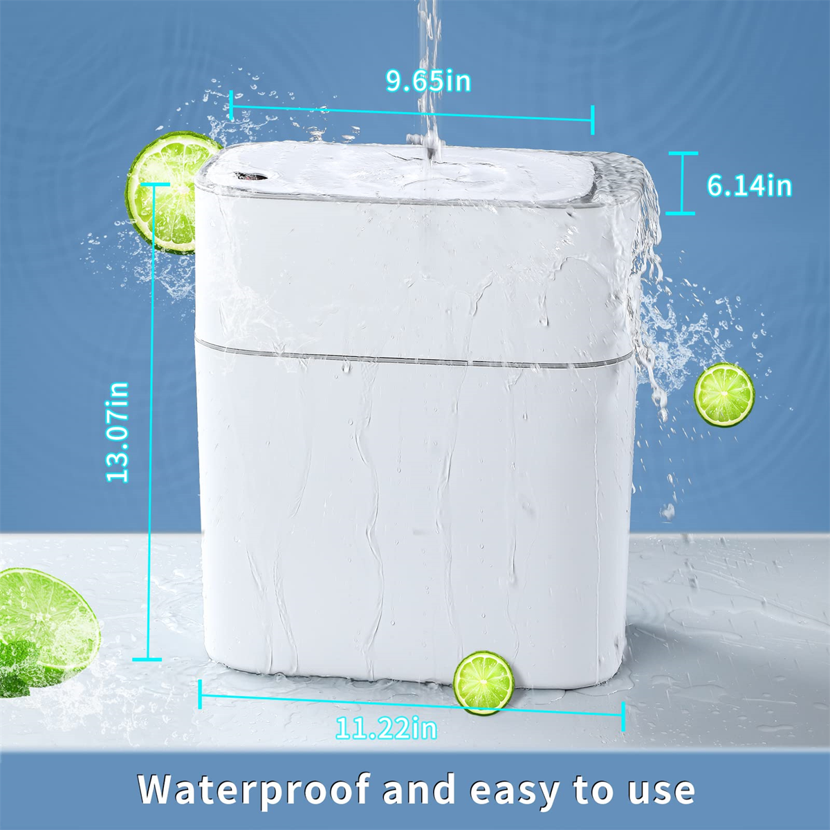 Weißer rechteckiger Wasserspender mit Maßen und Limetten, Wasser fließt heraus.