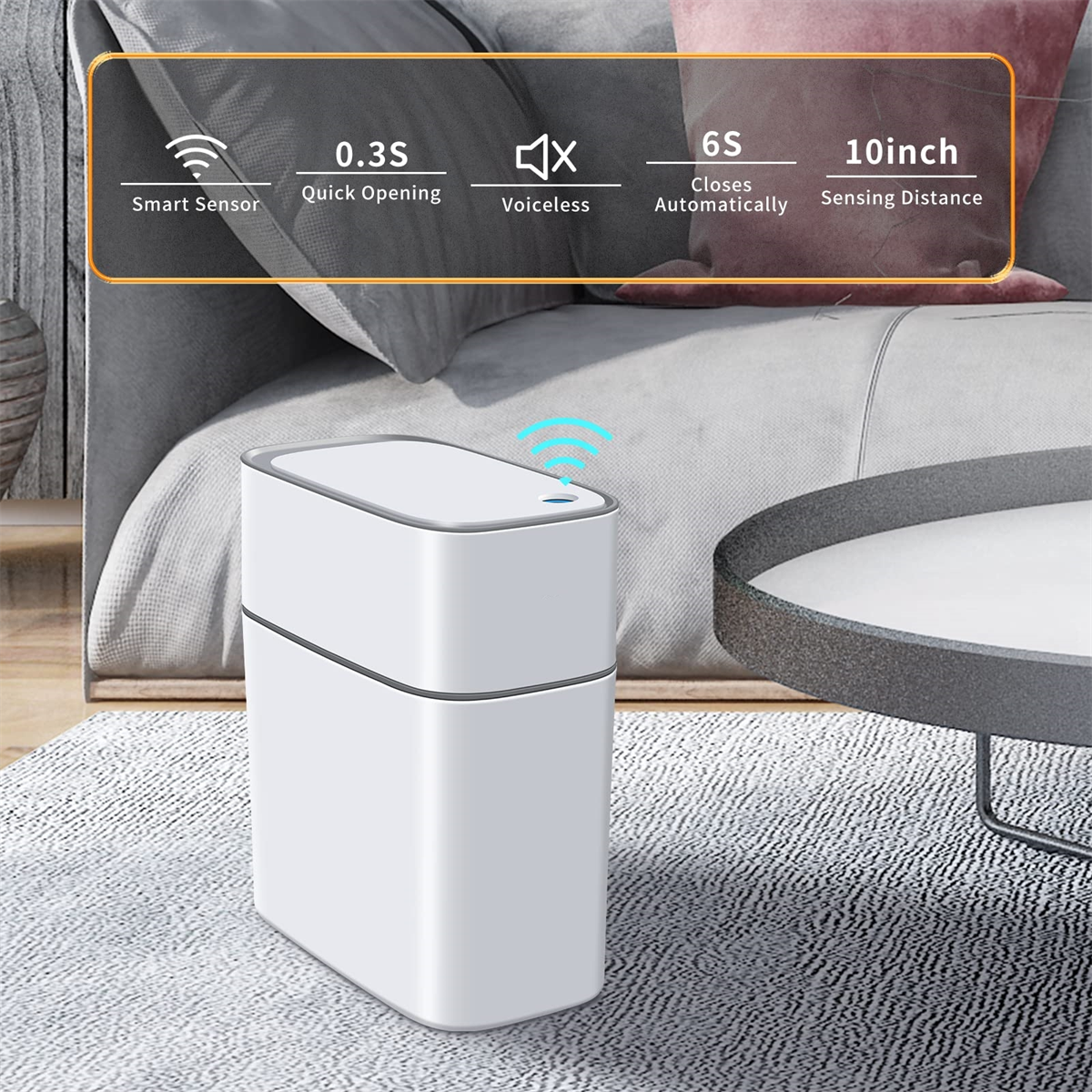 Ein weißer intelligenter Mülleimer mit Text, der Funktionen wie Sensor und automatisches Schließen anzeigt.
