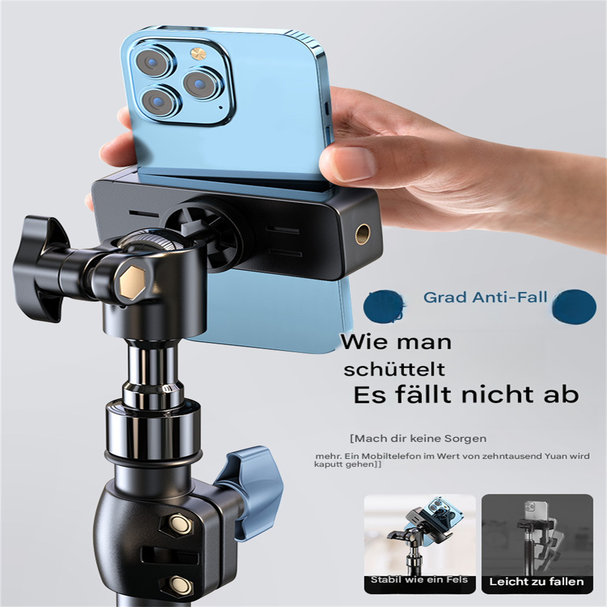 Ein blaues Telefon auf einem schwarzen Telefonhalter, auf einem Ständer. Text über die Stabilität des Telefons.