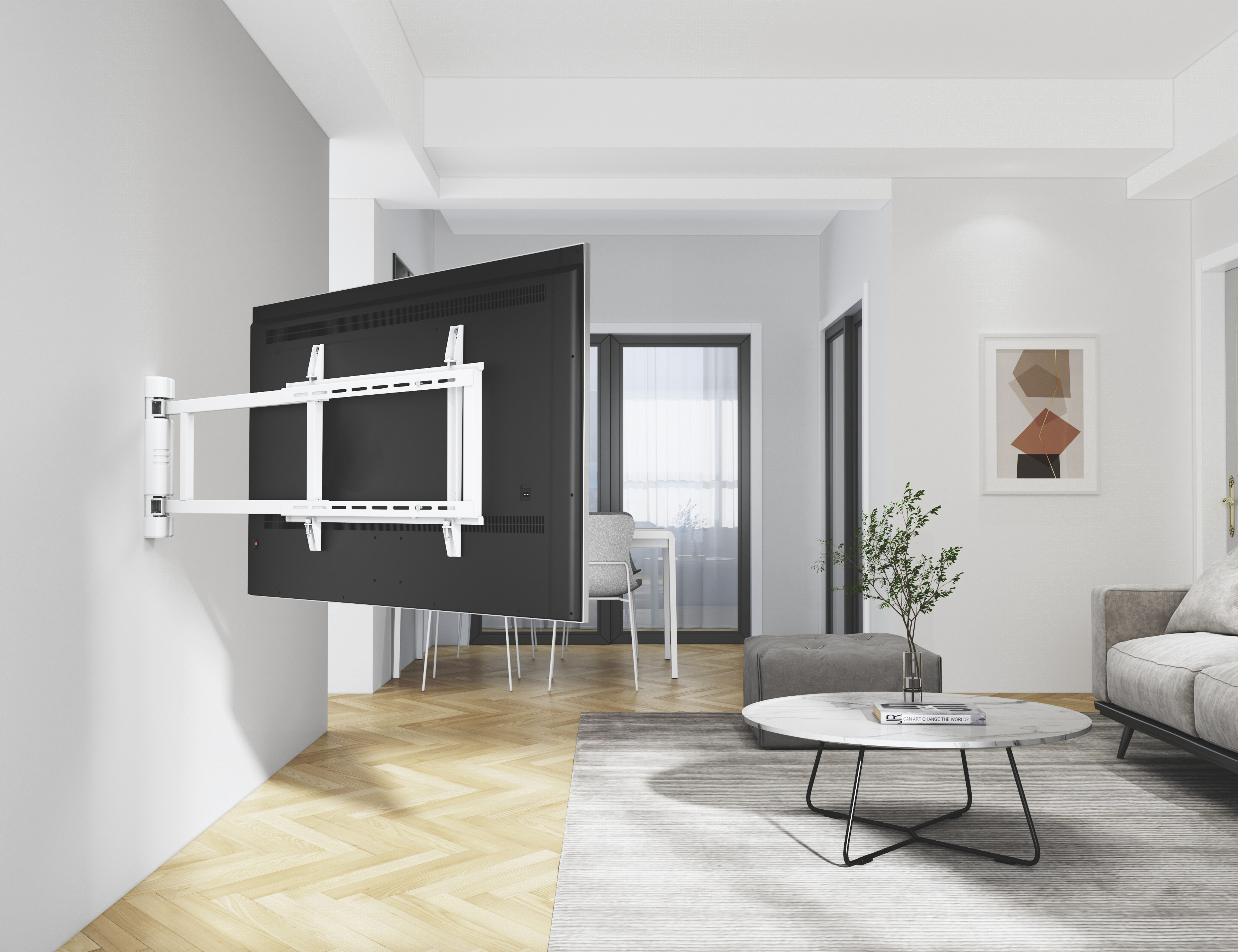 Fernseher an Wand im Wohnzimmer. Sofa, Couchtisch und Teppich sind zu sehen.