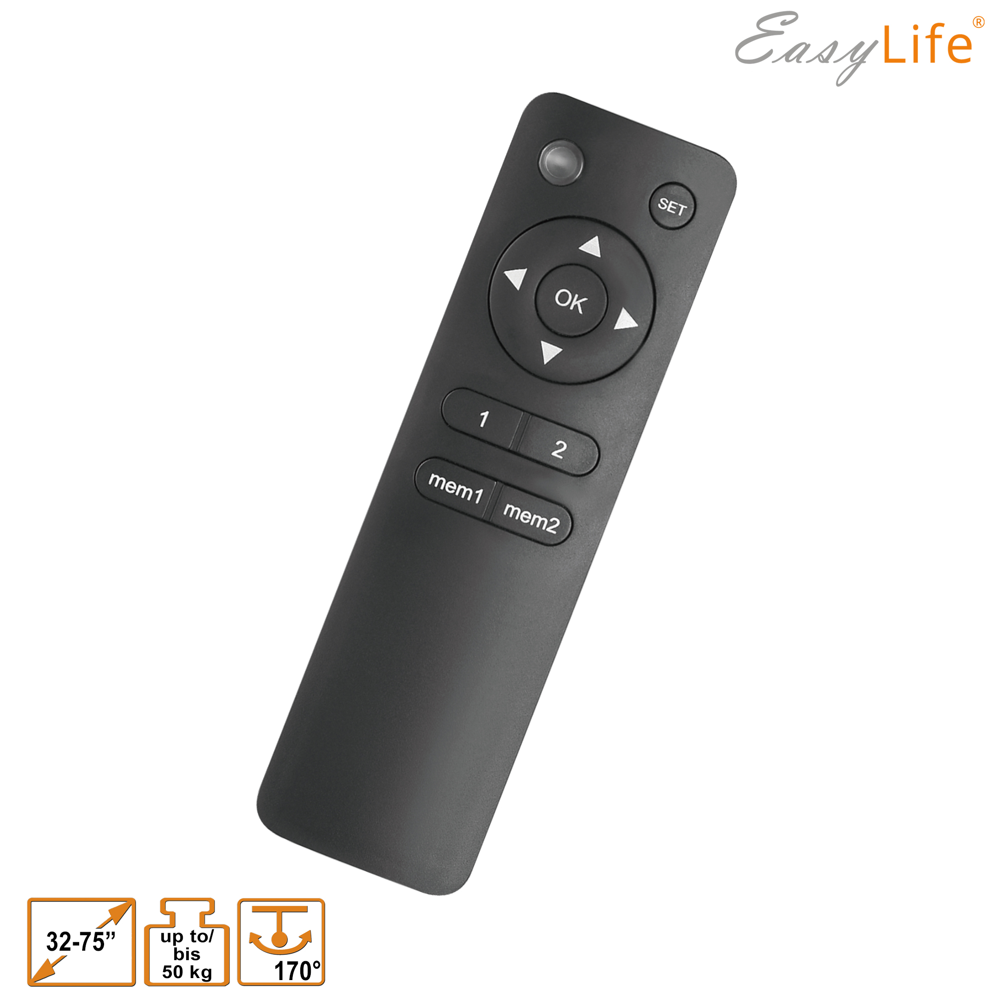 Schwarze Fernbedienung mit Knöpfen, Text 'EasyLife' oben, weißer Hintergrund.