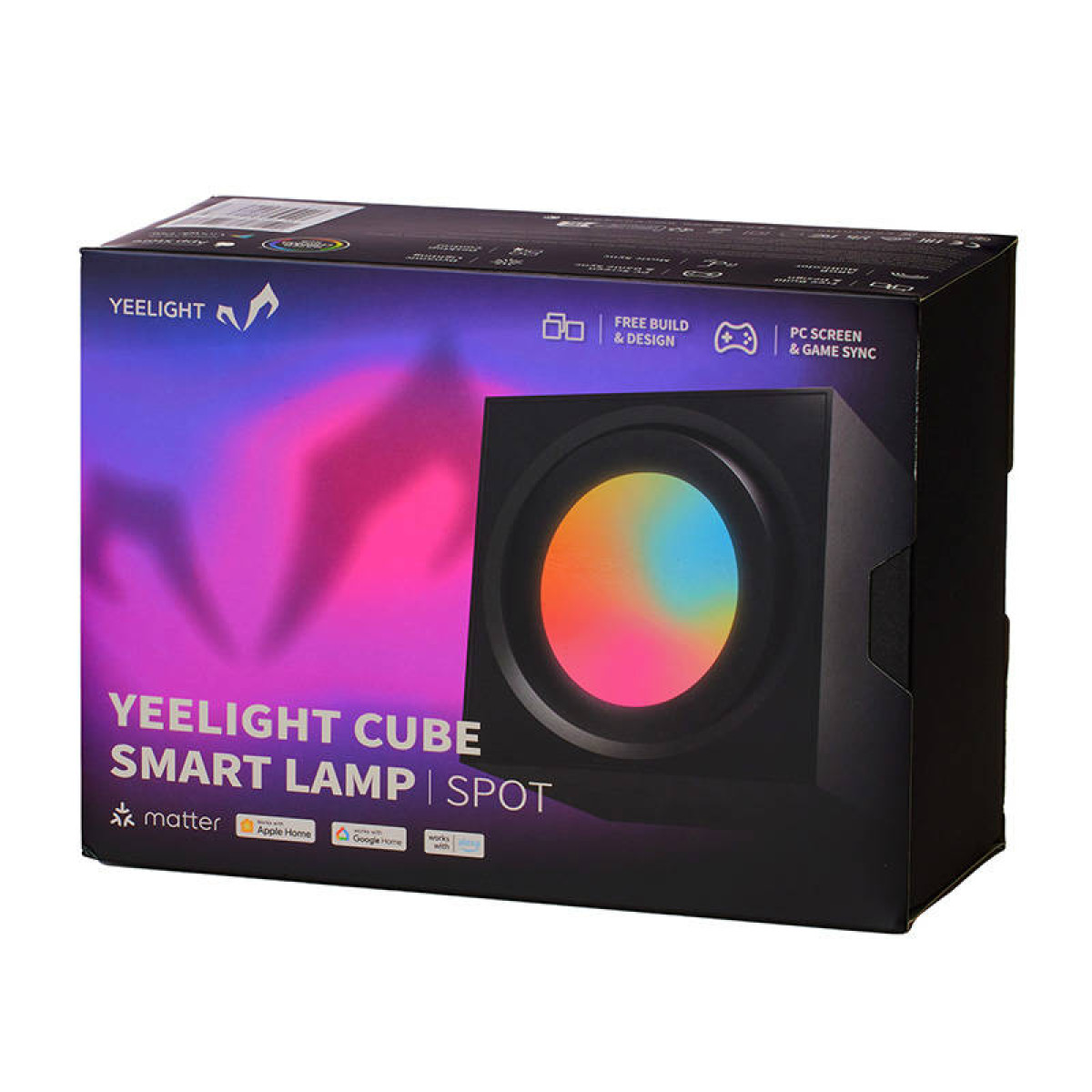 Zapakowana lampa Yeelight Cube, czarna, z kolorowym wyświetlaczem. Tekst: 'PC screen & game sync'.