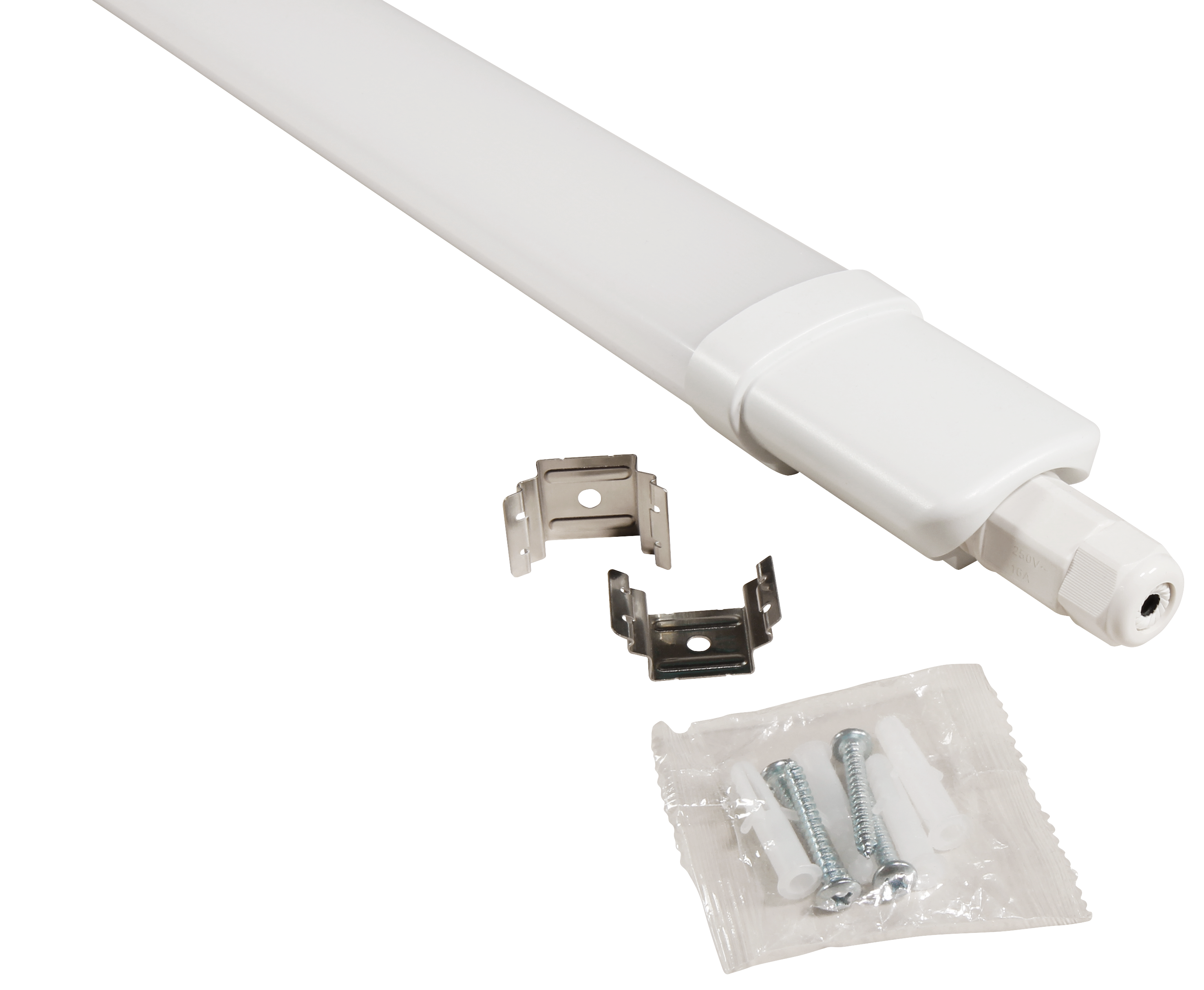 Eine weiße LED-Lichtleiste mit Befestigungsclips und Schrauben auf schwarzem Hintergrund.