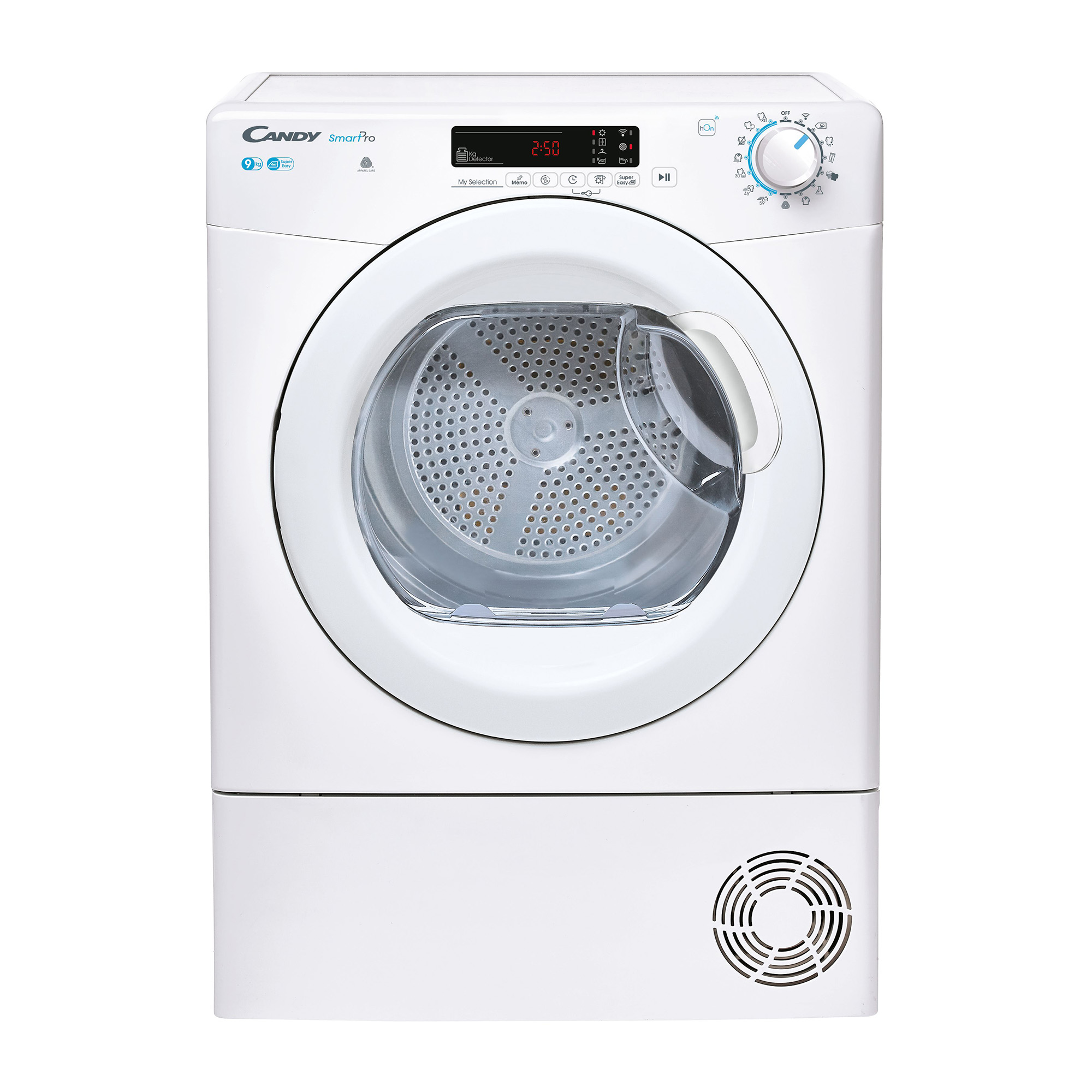 Weißer Candy Smart Pro Trockner, Vorderansicht, mit Sichtfenster.