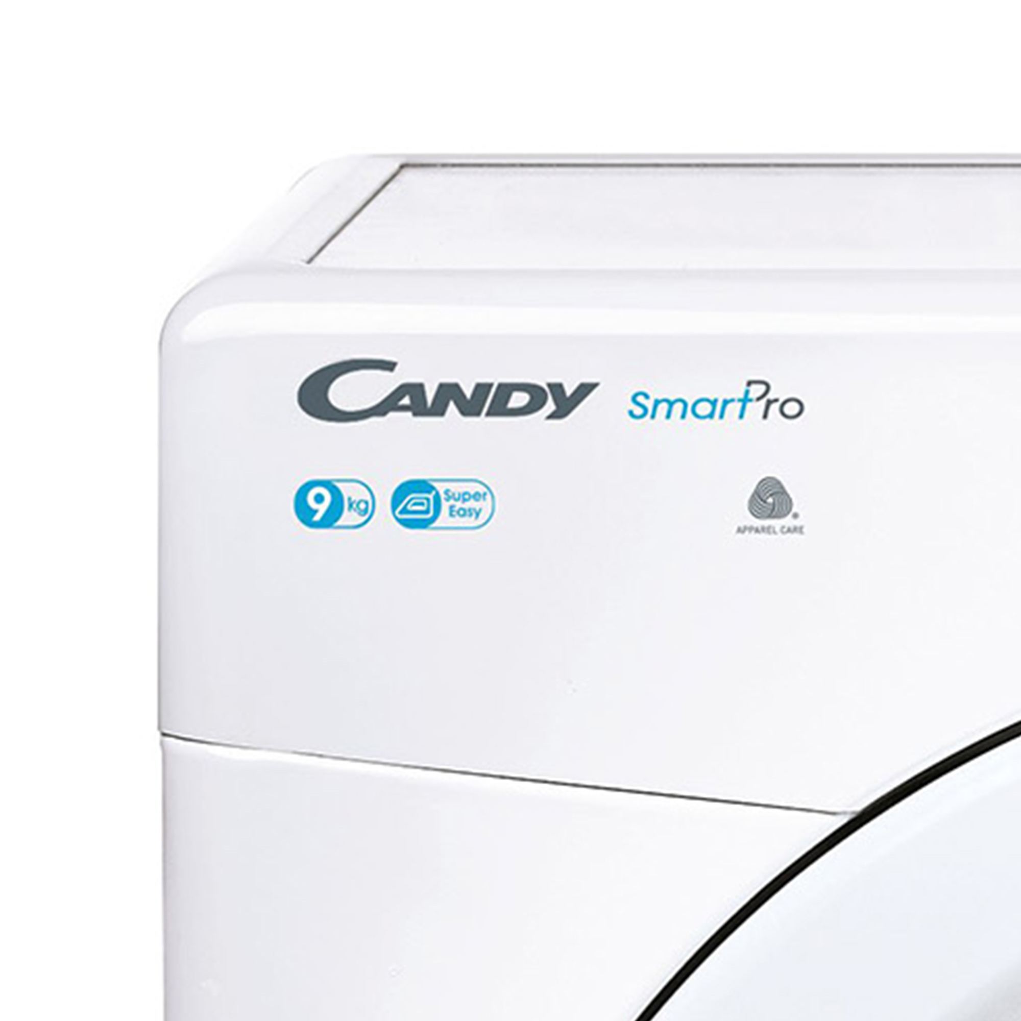 Weiße Waschmaschine mit Candy SmartPro Logo. 9 kg, Super Easy, Apparel Care. Details sichtbar.