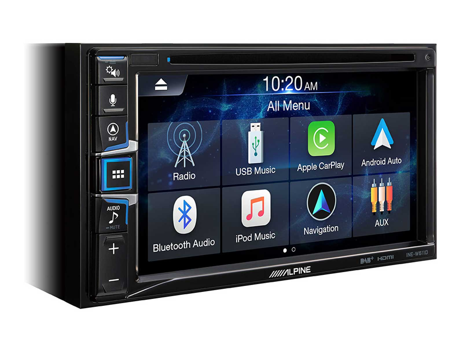 Autoradio mit Touchscreen, der Menüsymbole zeigt. Weißer Hintergrund. Der Bildschirm zeigt Optionen.