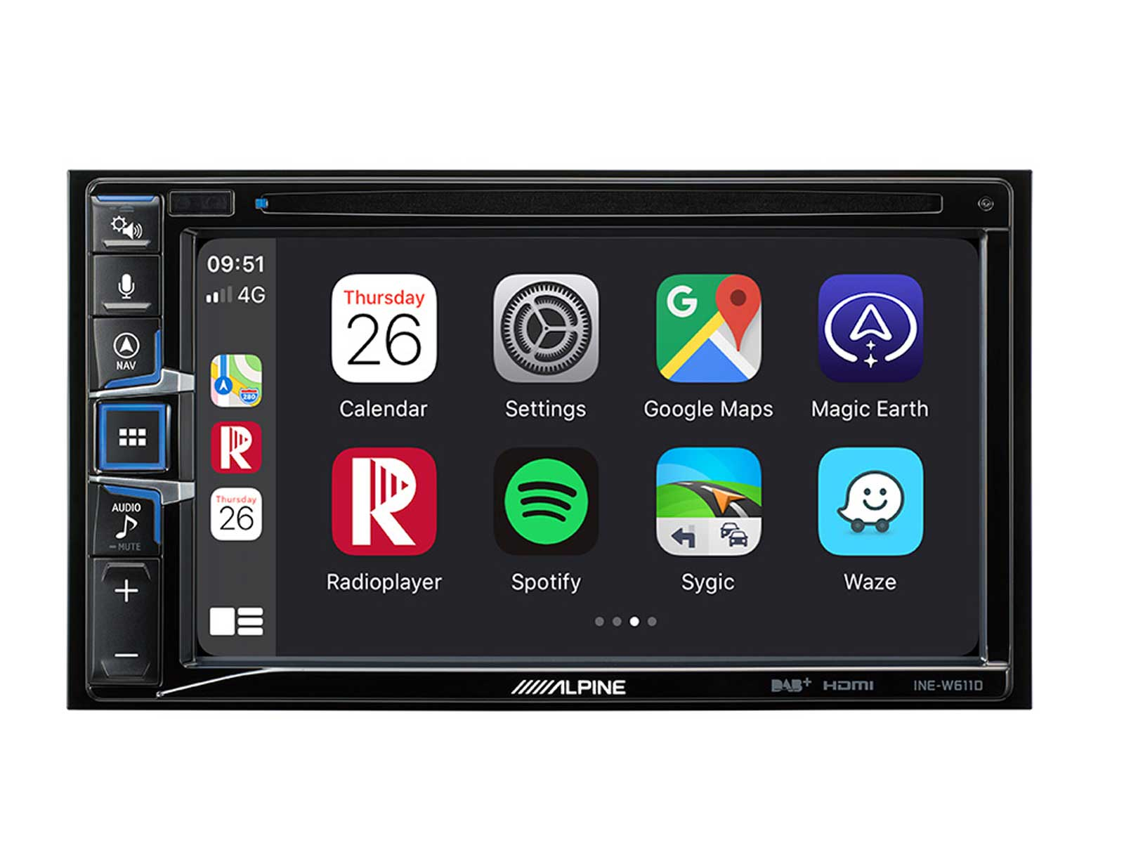 Autoradio mit Touchscreen, auf dem App-Symbole wie Kalender, Einstellungen, Google Maps und andere Apps angezeigt werden.