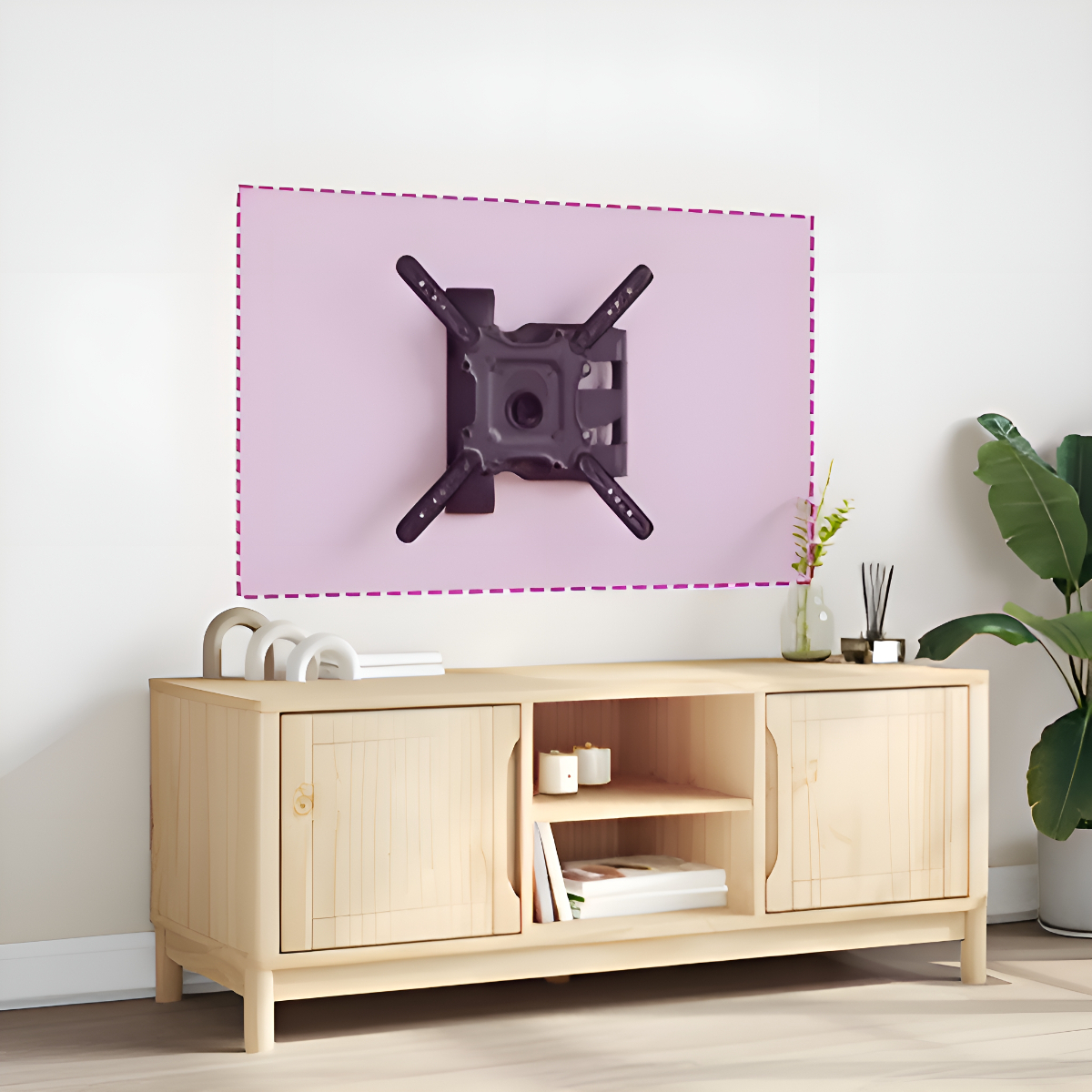 TV-Halterung an einer hellrosa Wand, über einem Holzschrank.