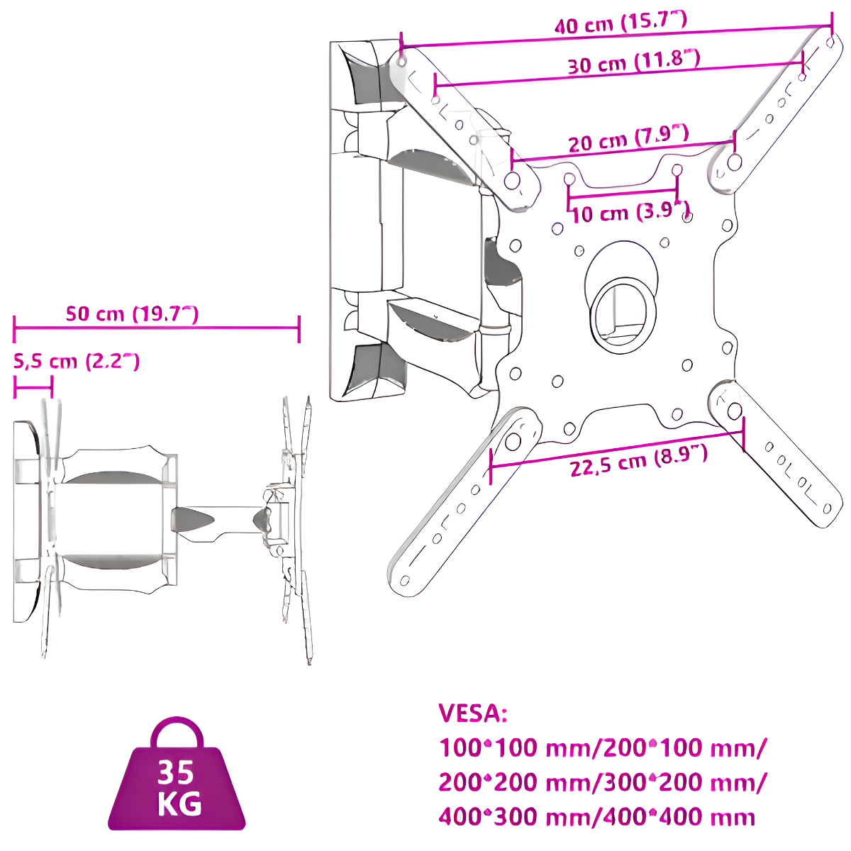 Diagramm mit Abmessungen und VESA-Standards für eine TV-Wandhalterung, mit Gewichtsangaben.