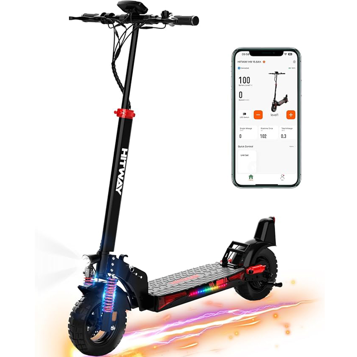Un monopattino elettrico HITWAY nero con schermo del telefono.