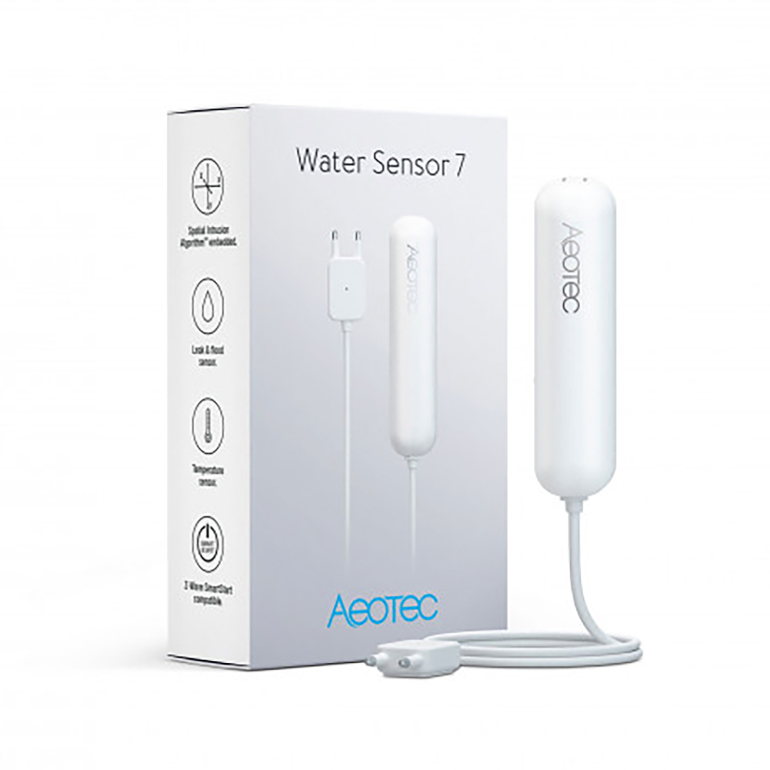 Weiße Box mit einem Wassersensor und seinen Komponenten. Weißer Hintergrund.