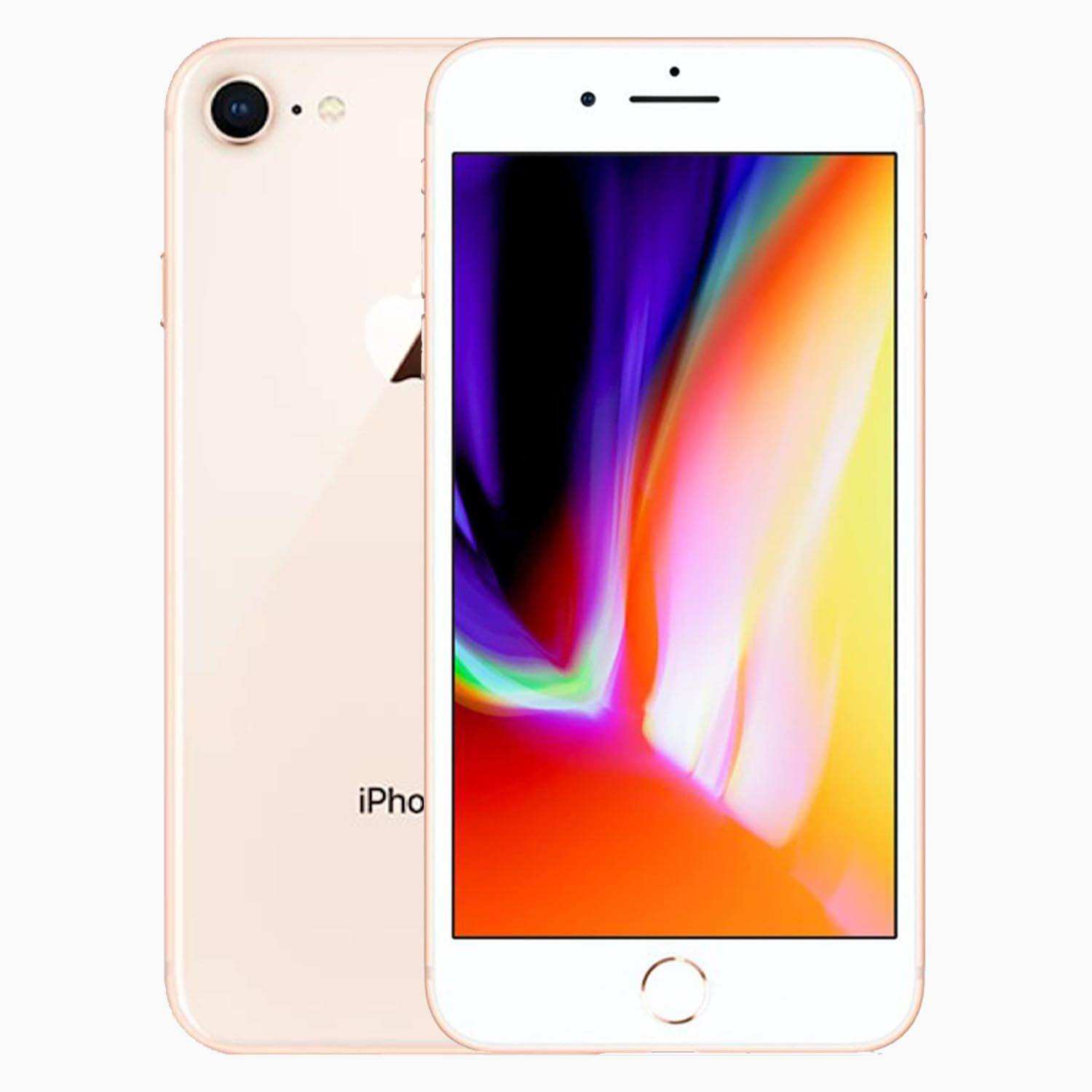 Złoty iPhone 8 z białą przednią częścią. Ekran wyświetla kolorowy gradient. Logo Apple z tyłu.