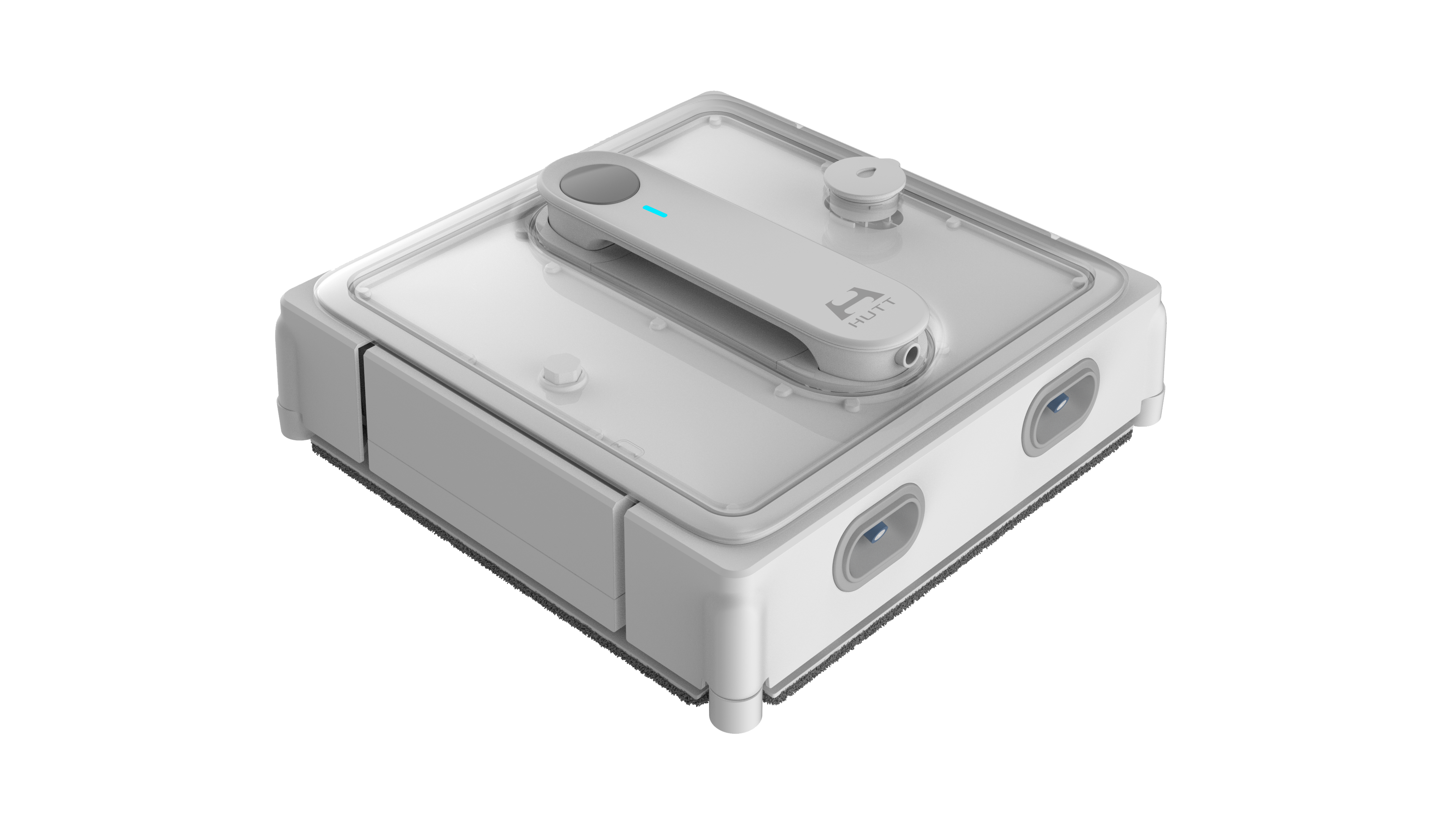 Biały odkurzacz robot. Posiada srebrny uchwyt i logo.