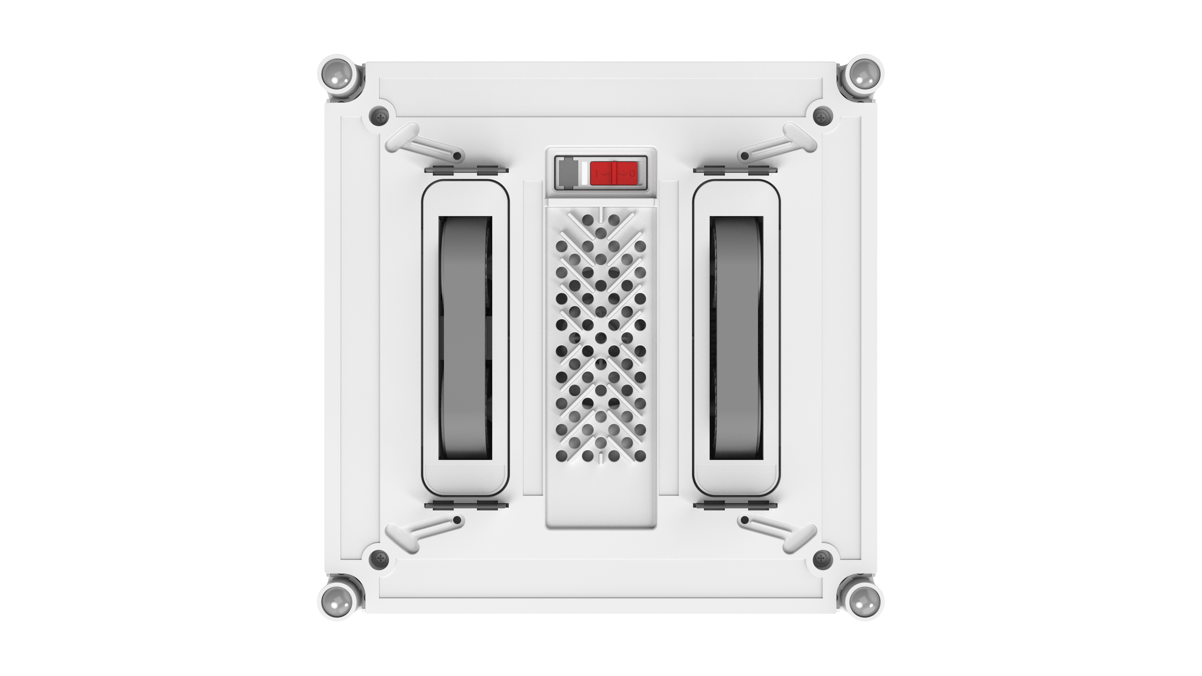 Widok z góry na białą lampę sufitową z czerwonym przełącznikiem.