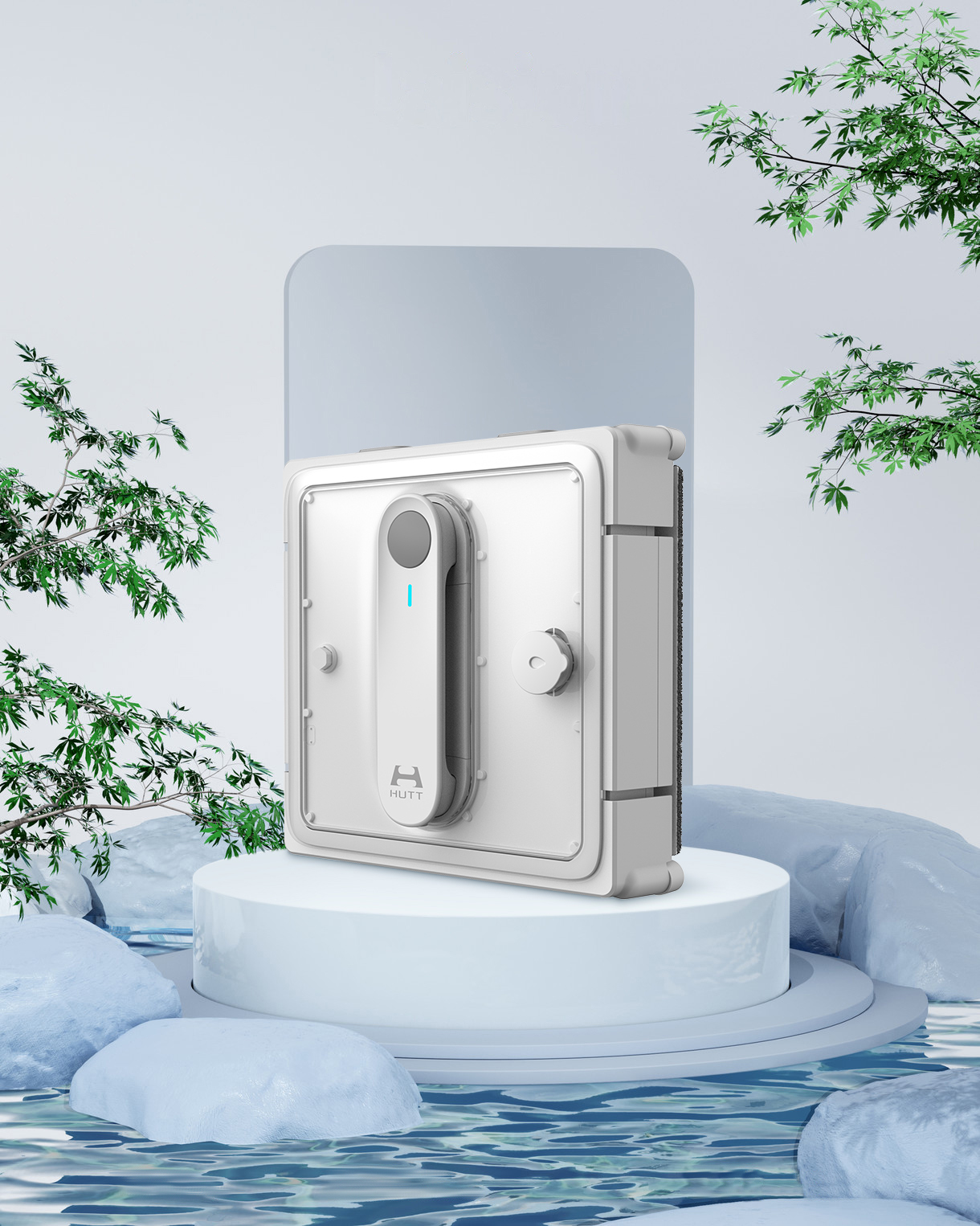 Biały robot do czyszczenia okien na stojaku, na jasnoniebieskim tle.