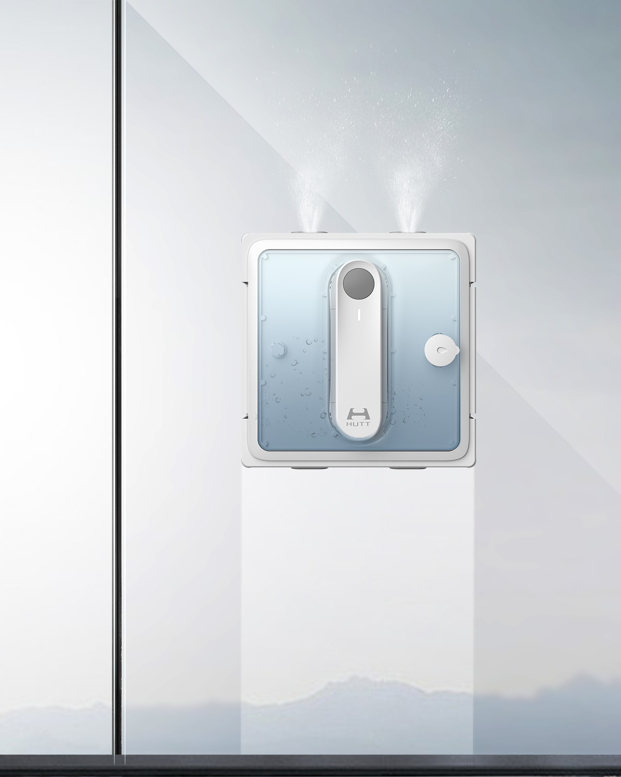 Robot do czyszczenia okien na oknie. Spryskuje wodą. Biało-niebieski z tekstem.