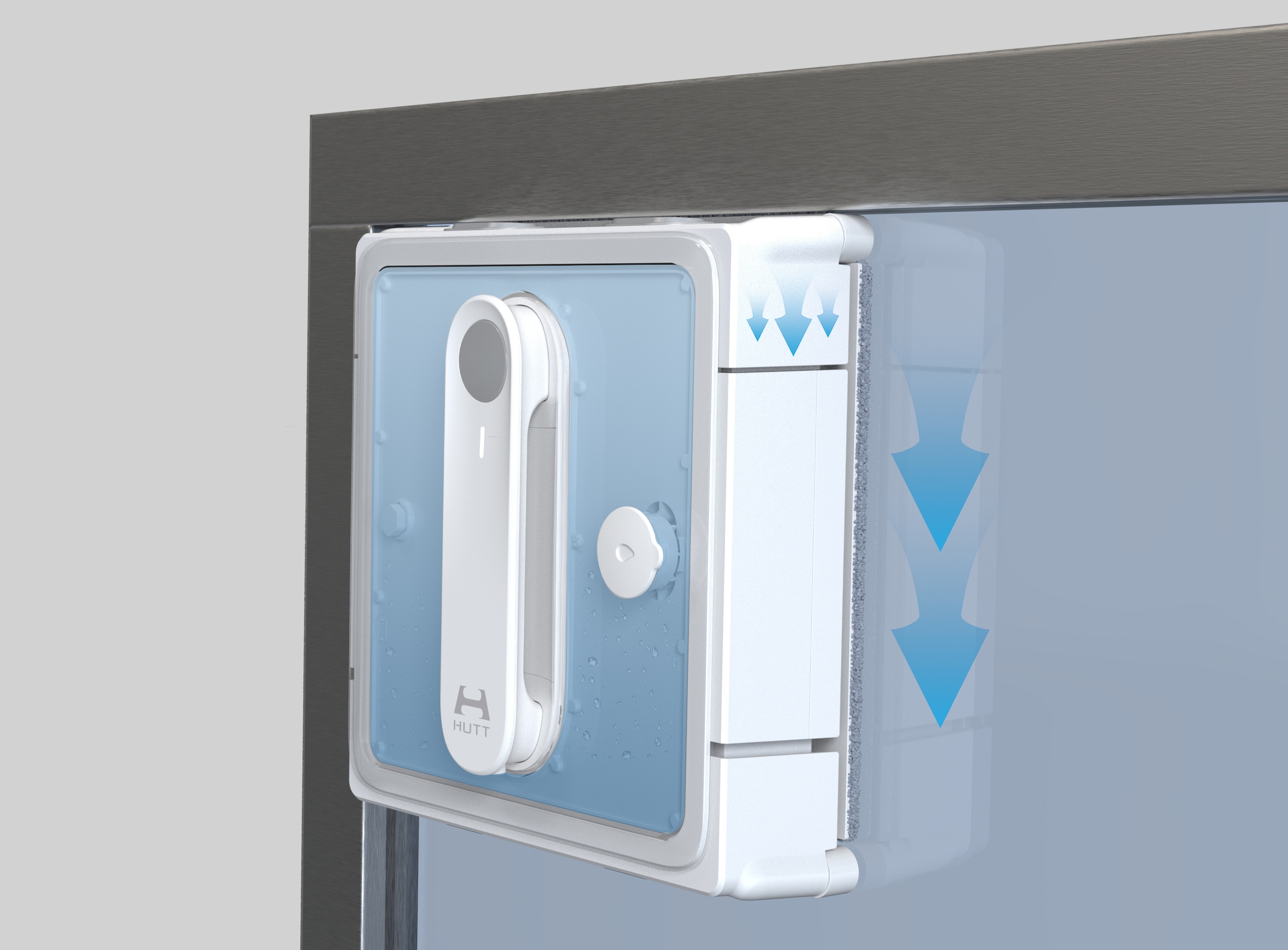 Biała myjka do okien ze strzałkami w dół na ramie okna.