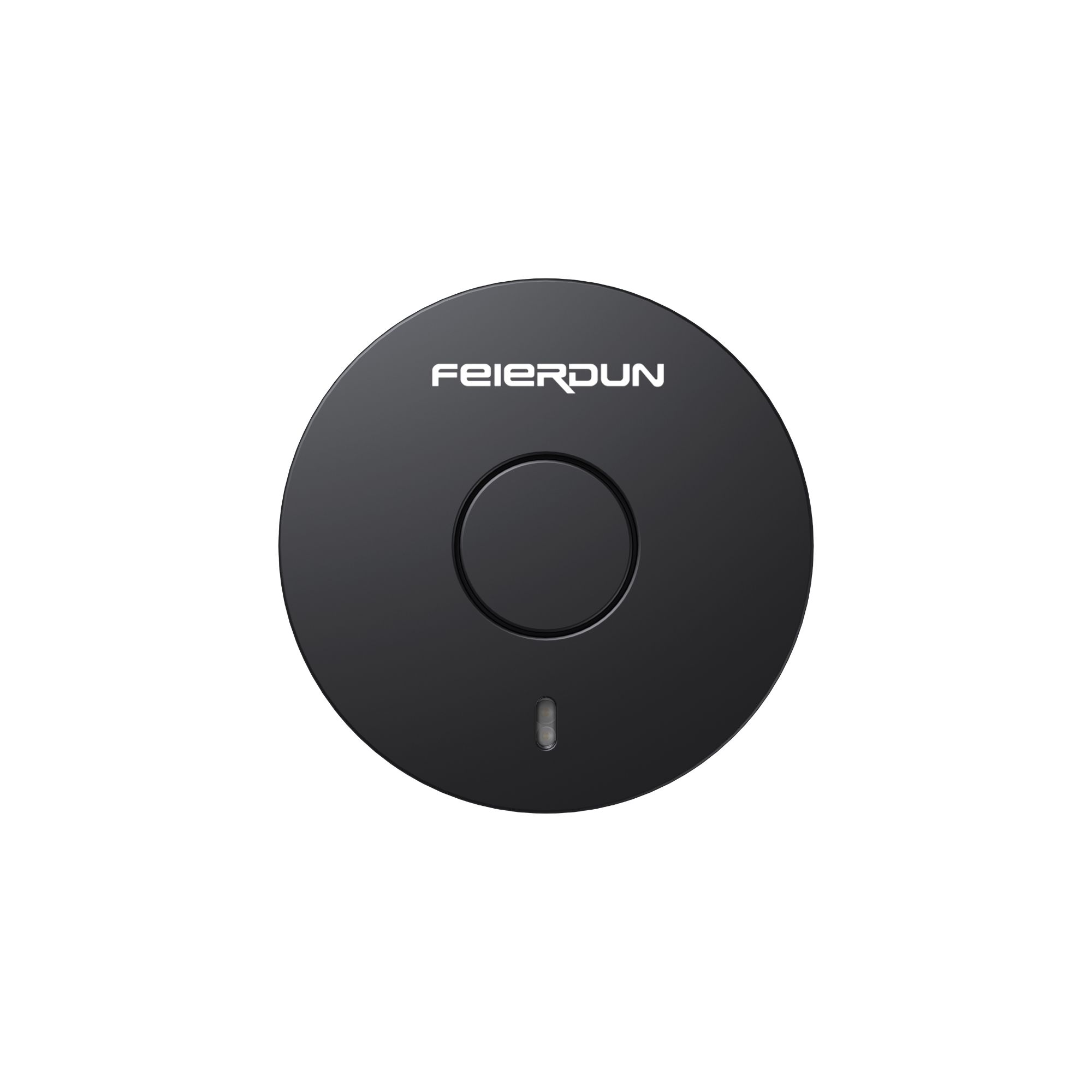 Un dispositivo negro y redondo con el nombre 'Feierdun'. Tiene un botón central y una pequeña luz.