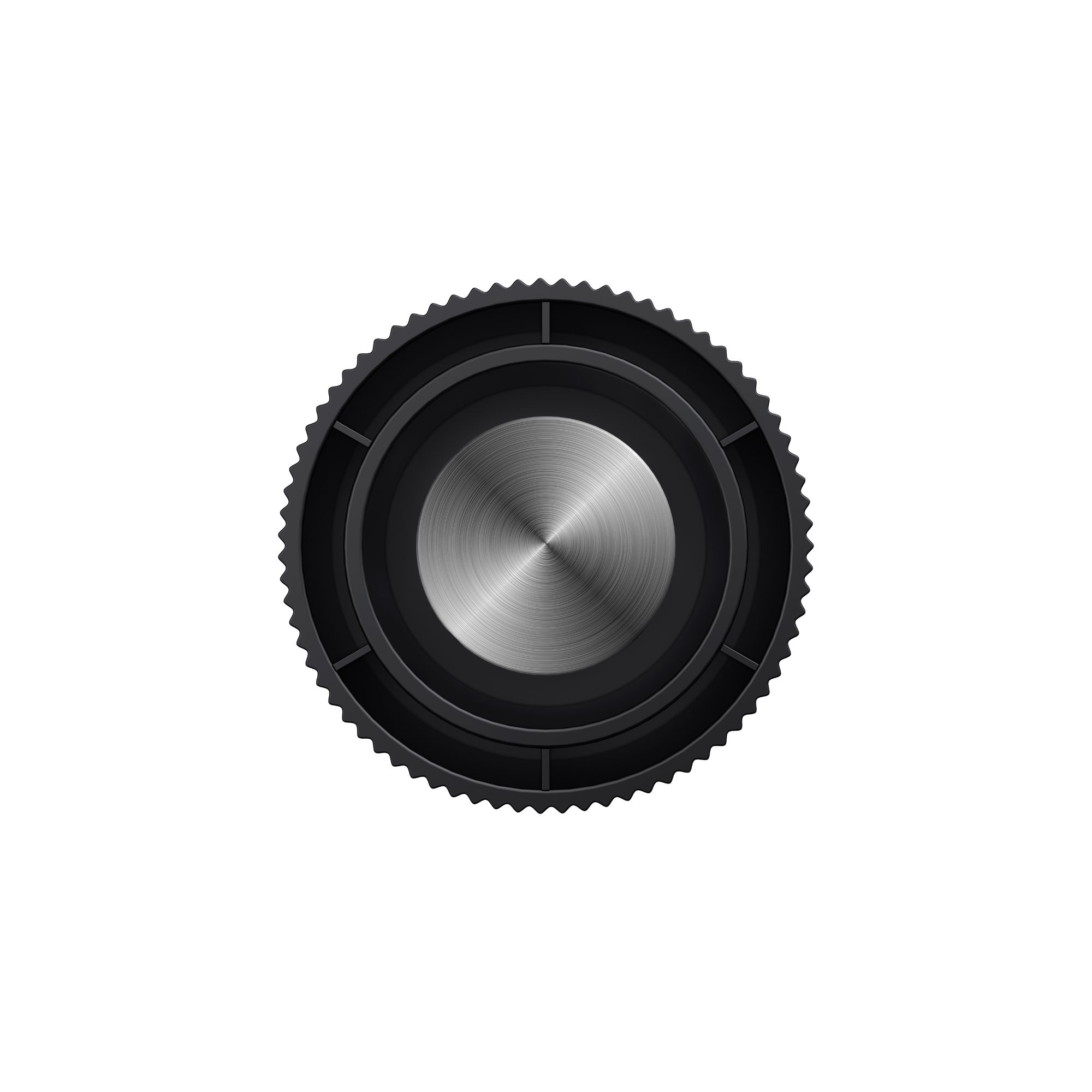 Objeto circular negro con centro metálico.