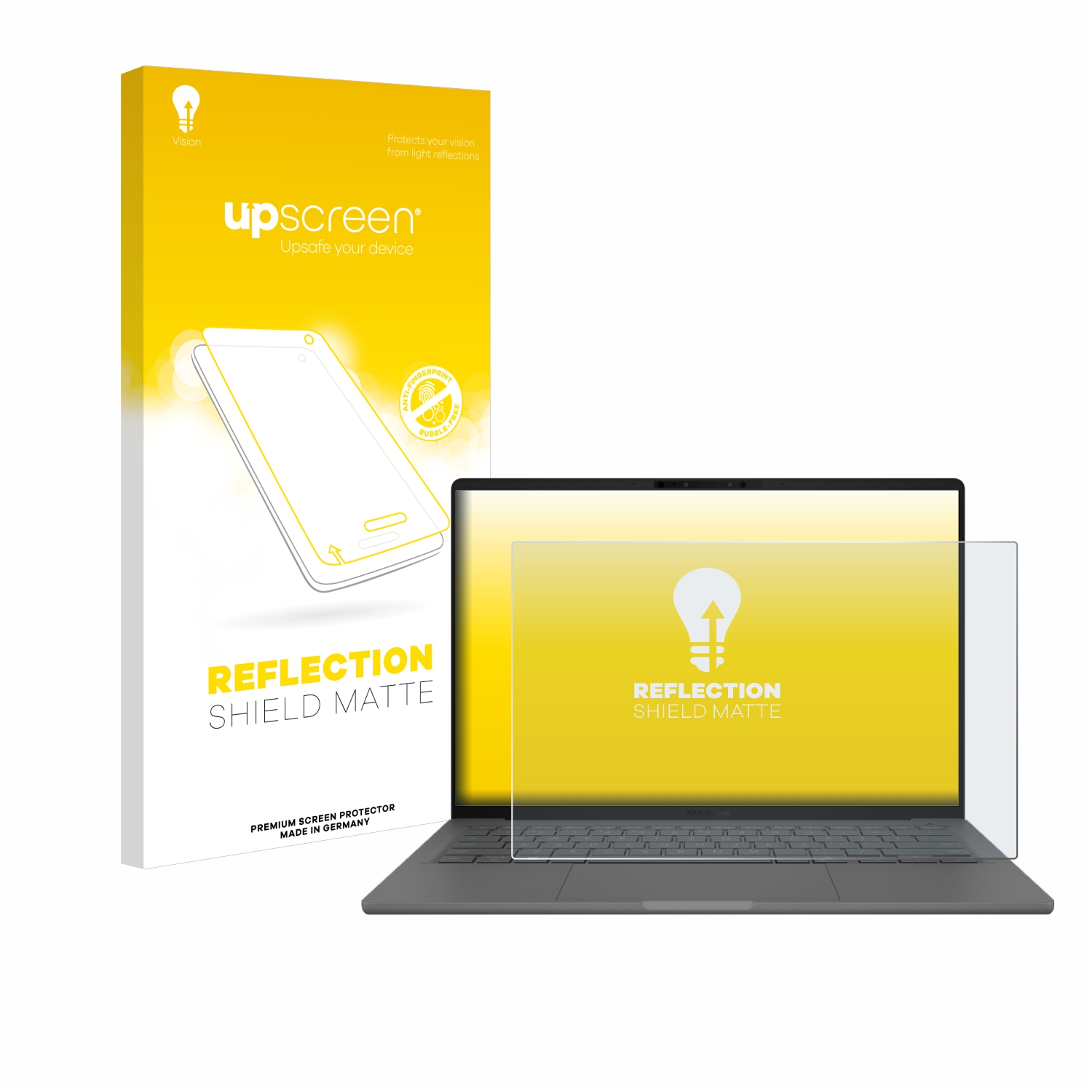 Ein Laptop mit Displayschutzfolie und einer Box mit der Aufschrift "Reflection Shield Matte".