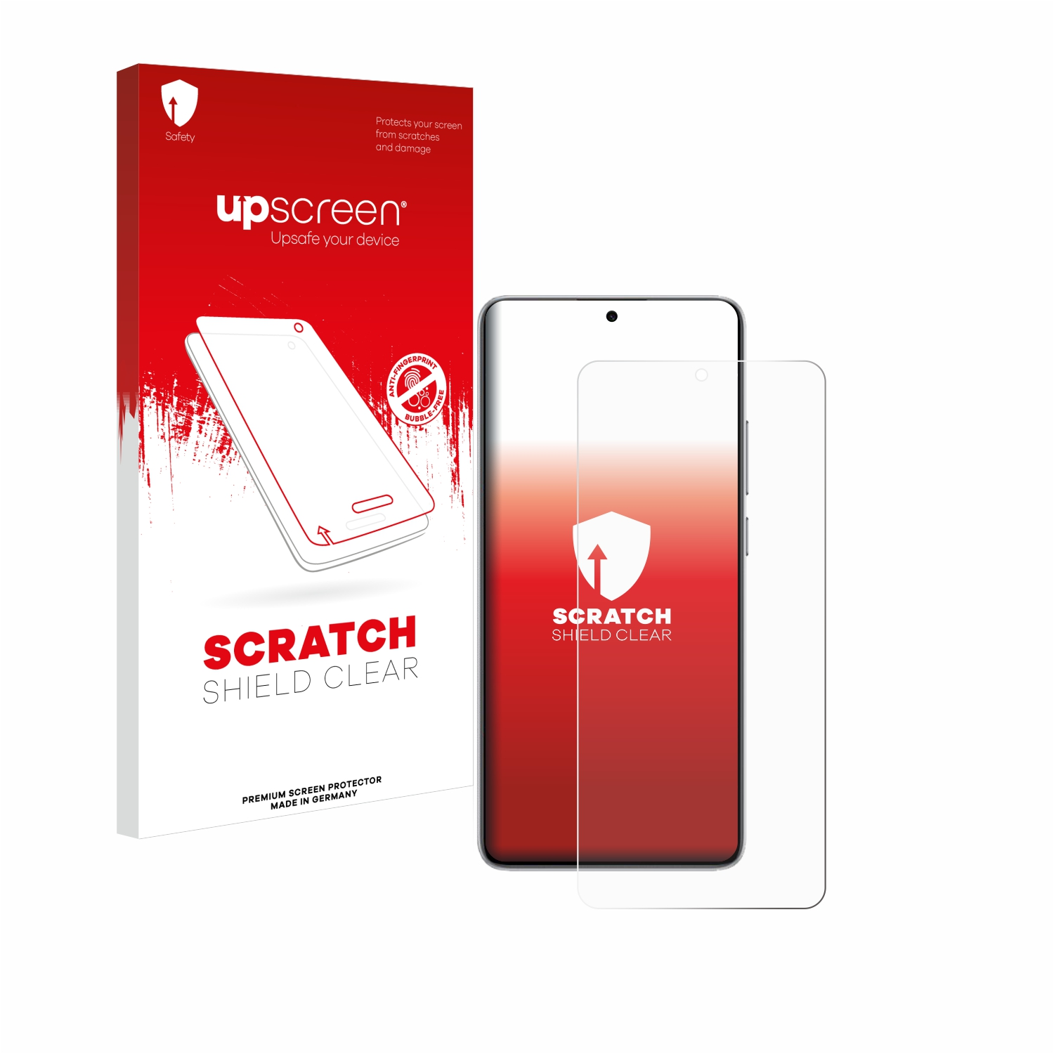 Telefon mit Displayschutzfolie und Upscreen-Verpackung. Das Telefon ist rot und weiß.