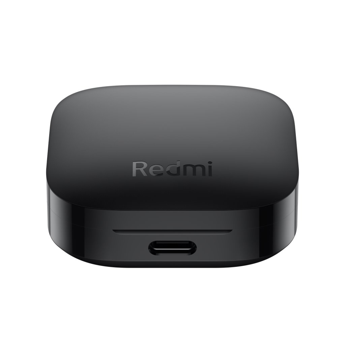 Zwarte Redmi draadloze oortelefoon oplaadcase, met een USB-C-poort.