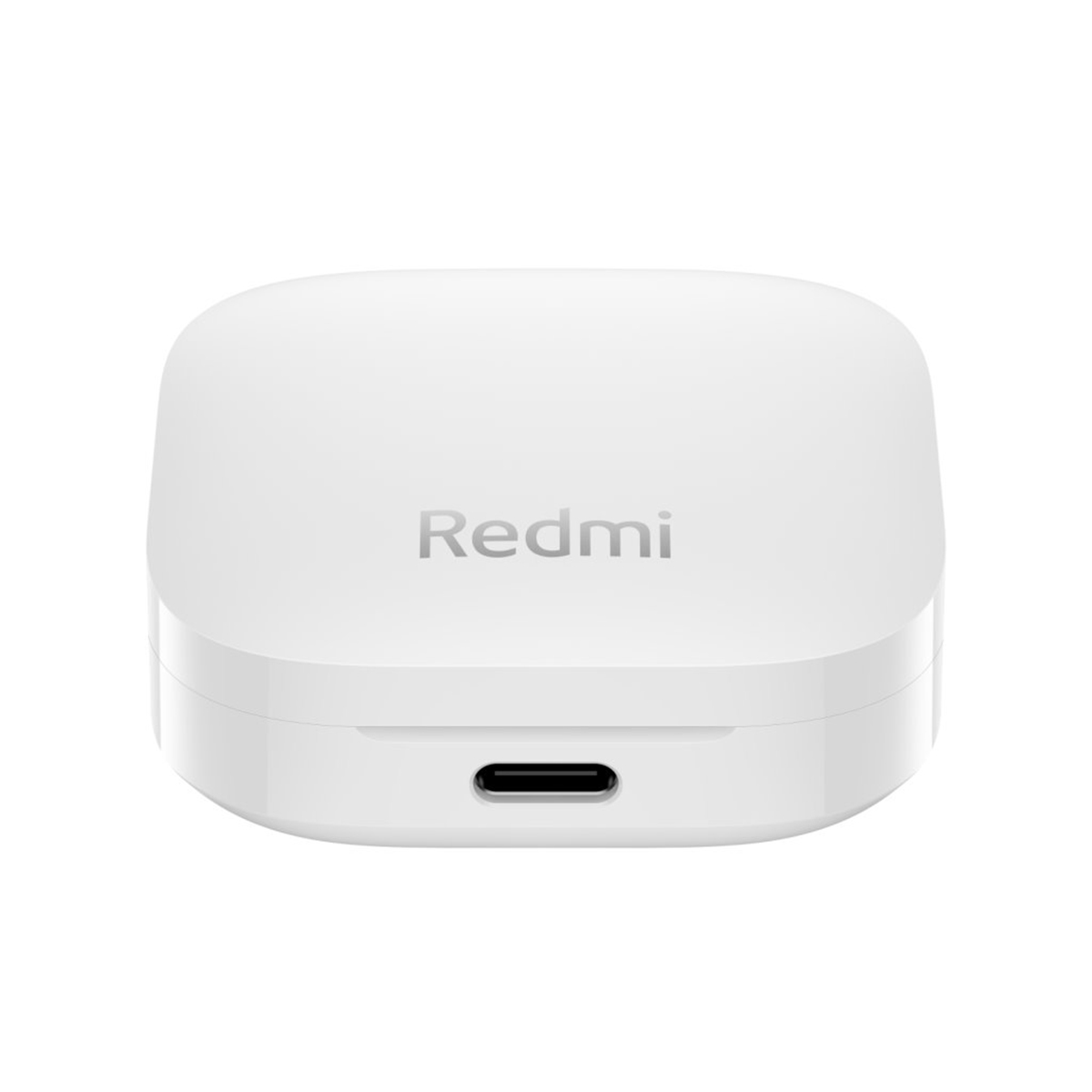 Een witte oplaadcase voor Redmi oordopjes. Het heeft een USB-C poort.