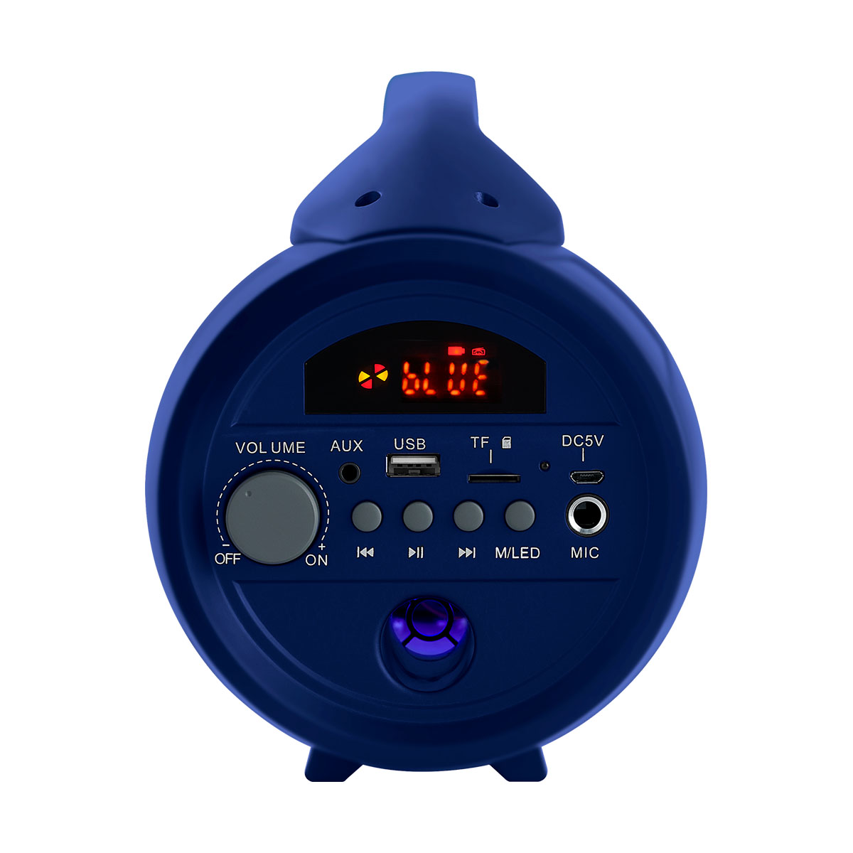 El altavoz azul tiene forma redonda, perilla de volumen y puertos USB y TF sobre un fondo blanco.