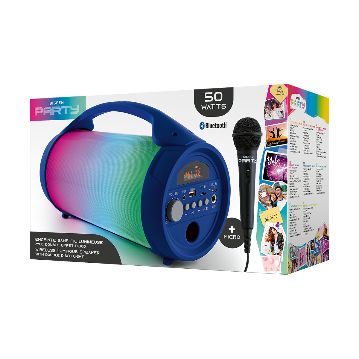 Altavoz azul y negro con micrófono sobre fondo blanco, tema Fiesta.