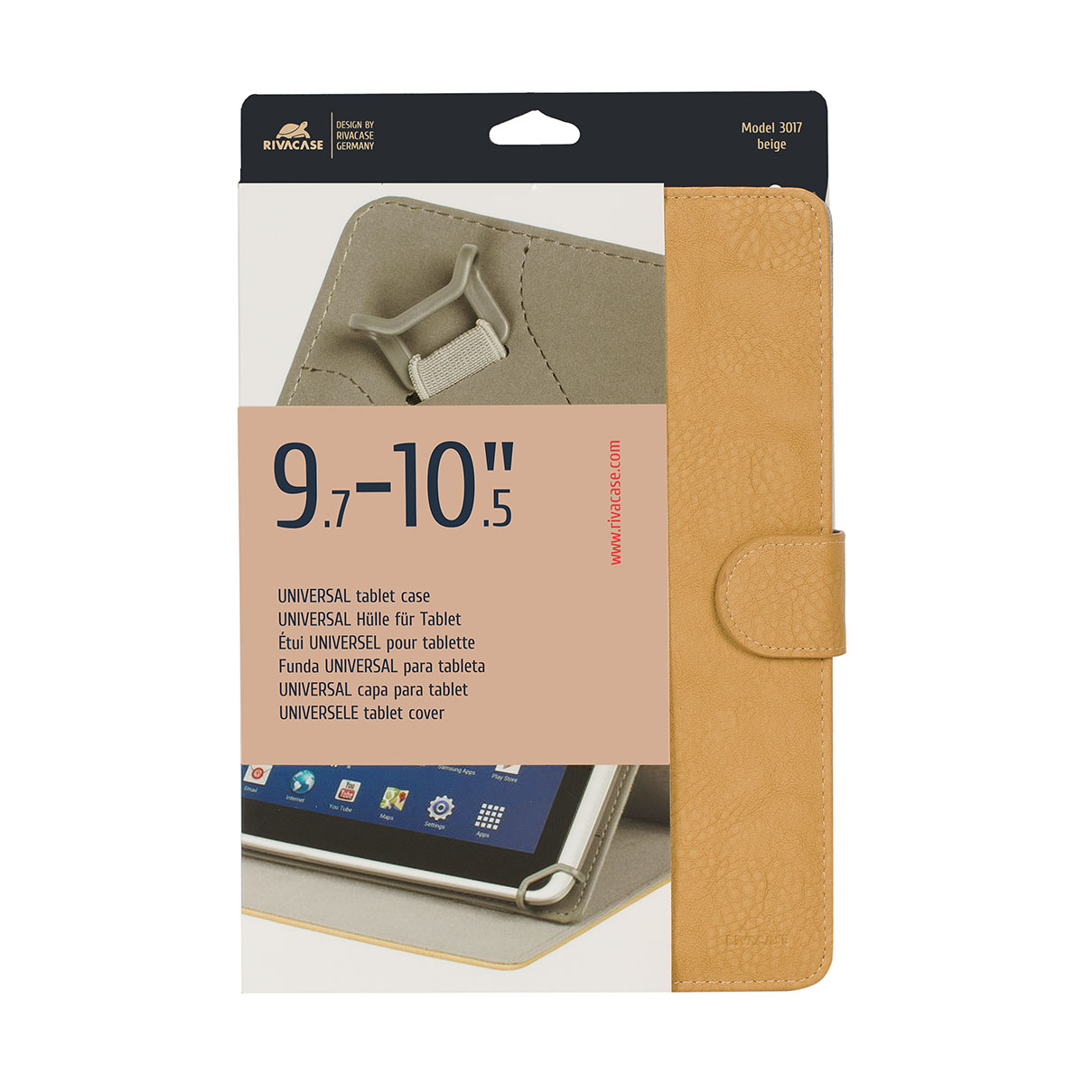 Custodia per tablet beige e marrone. Etichettata come custodia universale per tablet da 9,7-10,5 pollici.