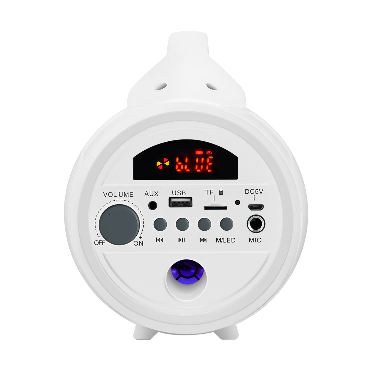 El altavoz blanco tiene forma redonda, perilla de volumen y puertos USB y TF sobre un fondo blanco.