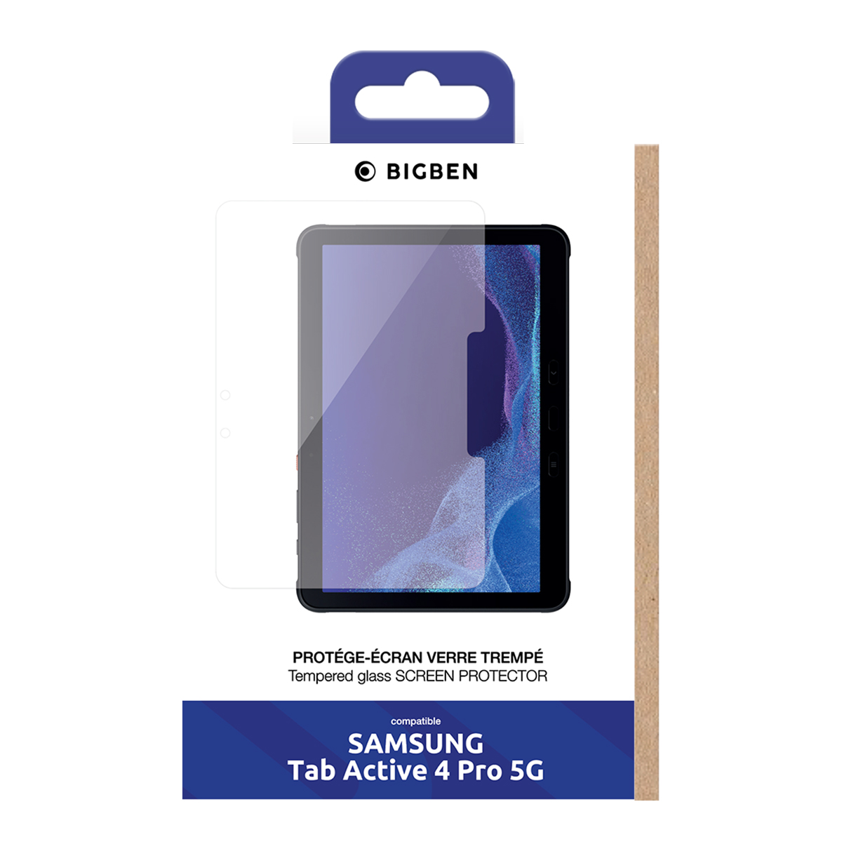 Tablet e protezione schermo in una scatola, con loghi Bigben e Samsung.