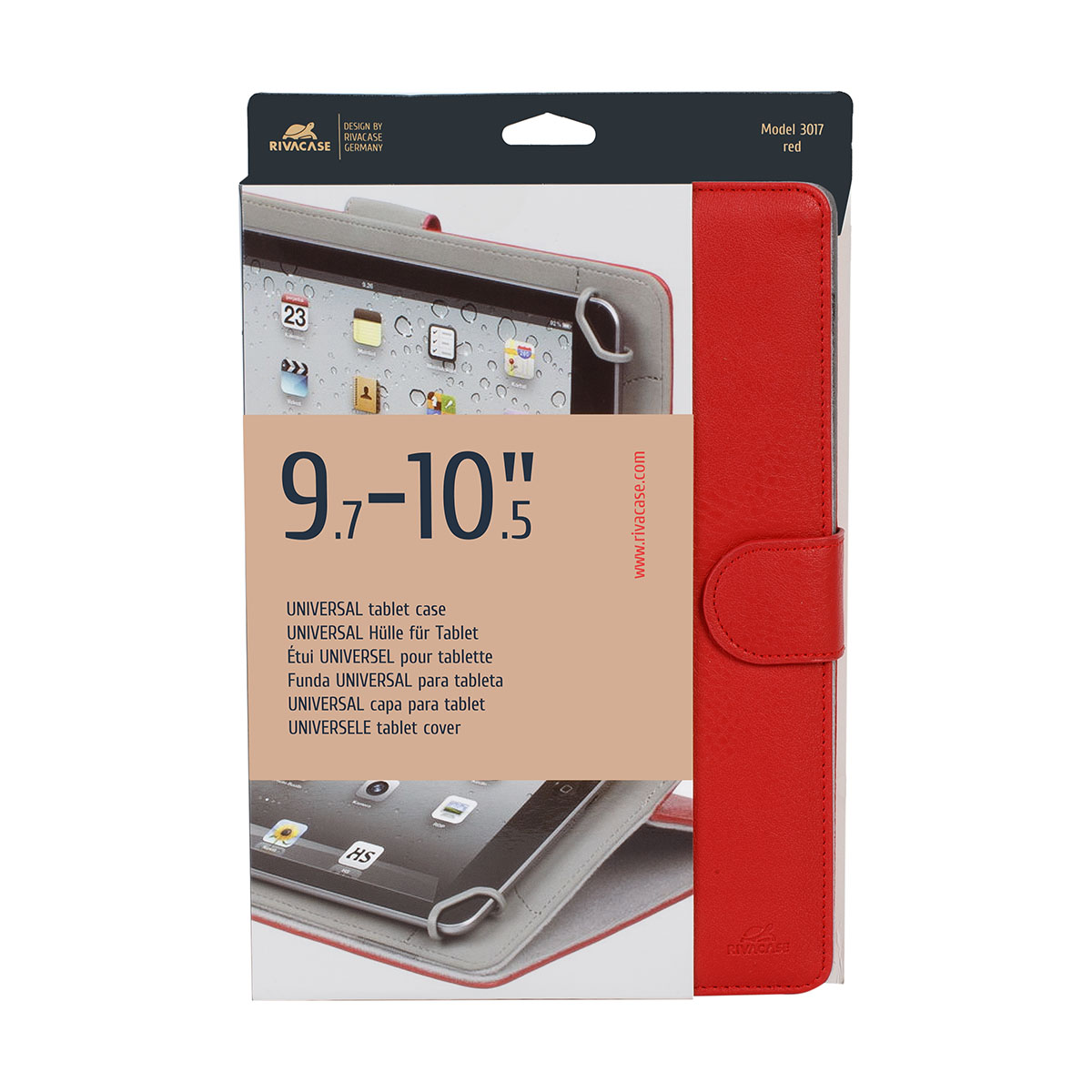 Confezione custodia tablet con cover rossa, che mostra un tablet e dettagli del prodotto.