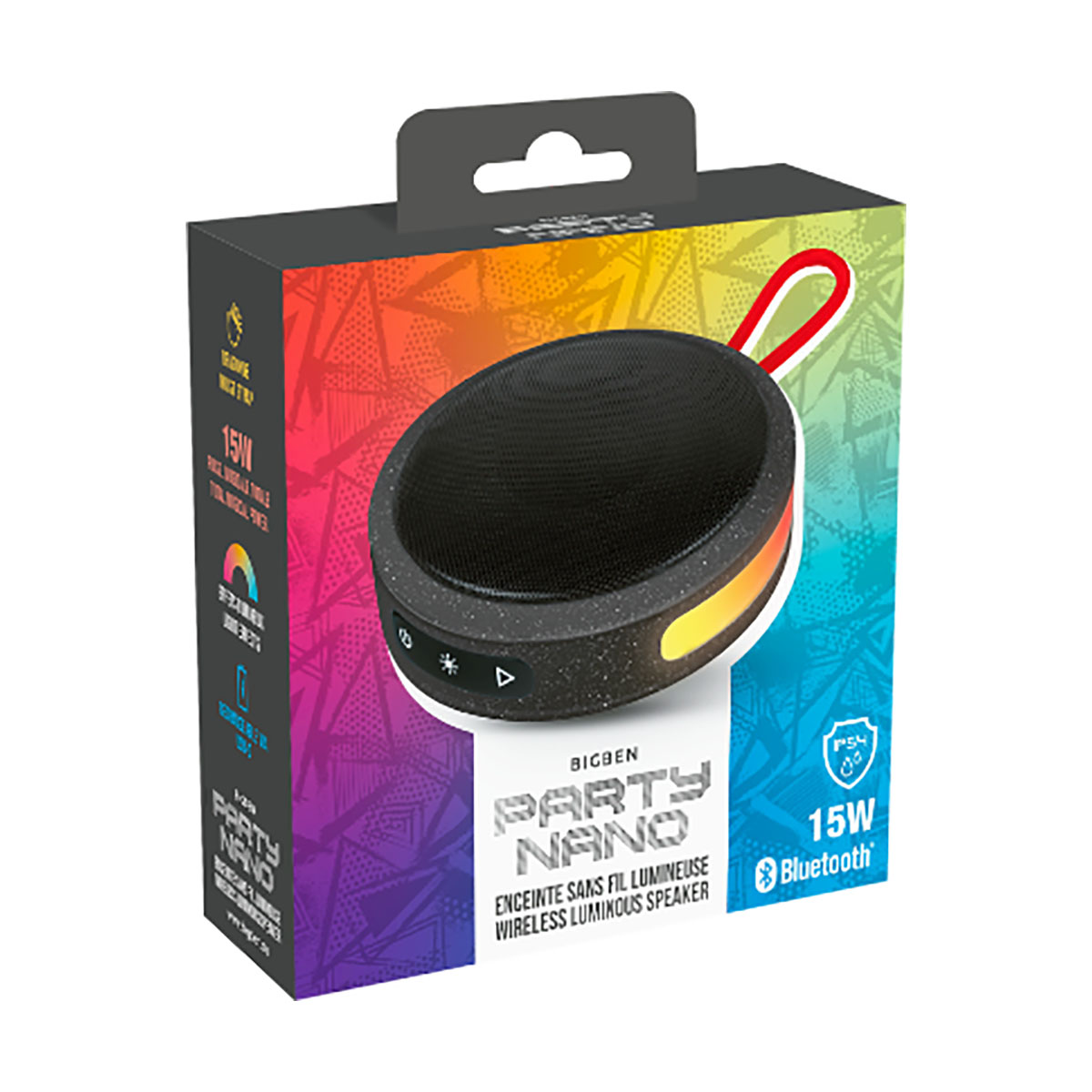Czarne pudełko głośnika BIGBEN. Tekst: Party Nano. Głośnik Bluetooth 15W z kolorowym paskiem świetlnym.