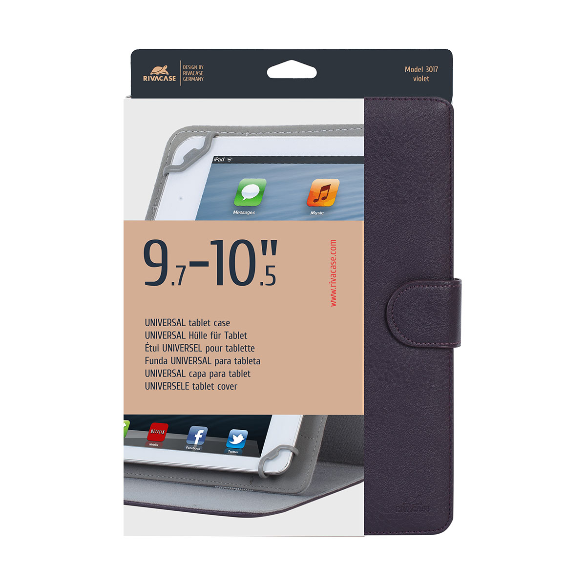 Una custodia per tablet in una scatola. È viola e ha un bottone laterale.