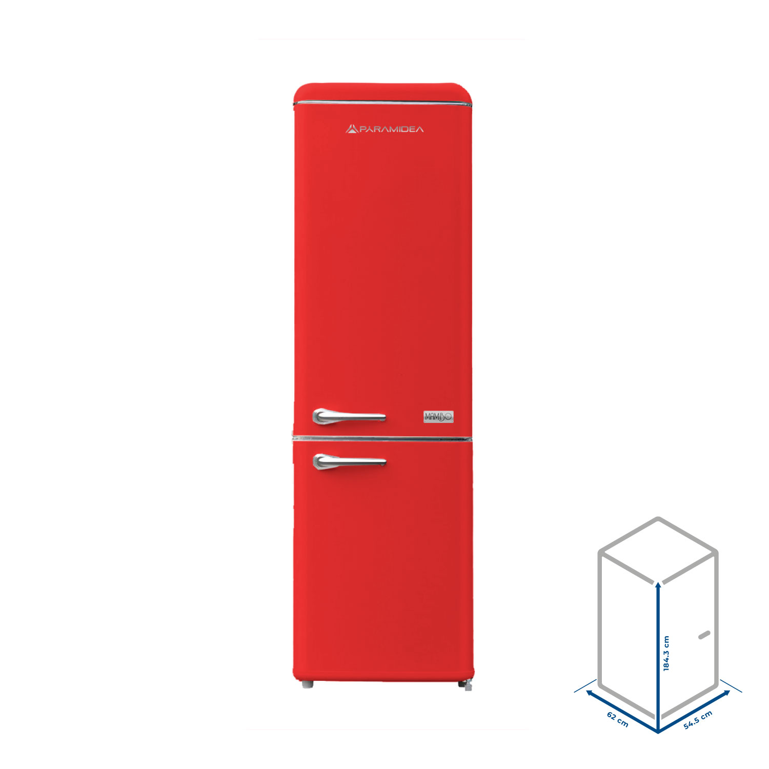 Il frigorifero rosso ha un design retrò con maniglie argentate e si erge su uno sfondo bianco.
