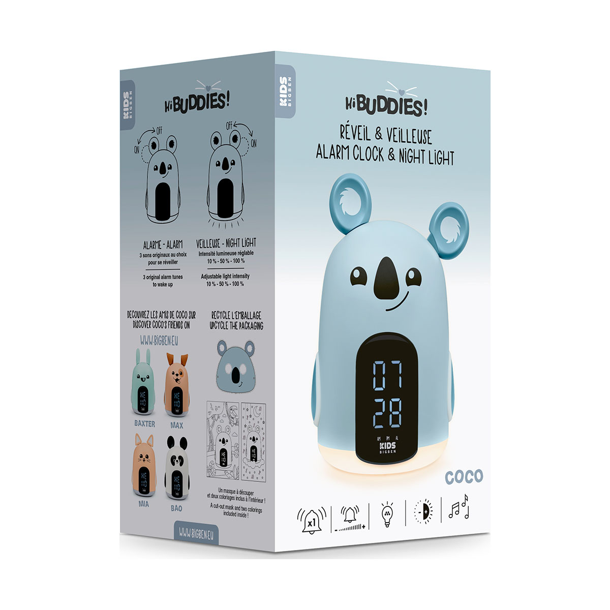Blauer Koala-Wecker und -Box mit Funktionen und Produktinformationen.