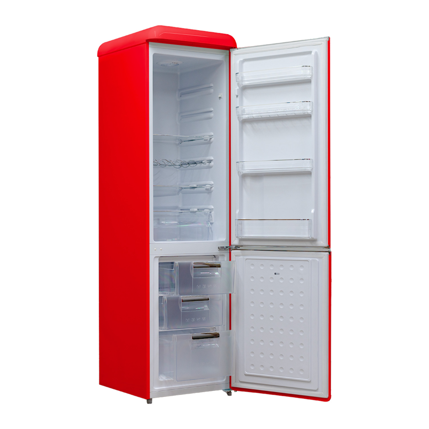 Frigorifero rosso con porta aperta, mostra ripiani e cassetti. Interno bianco.