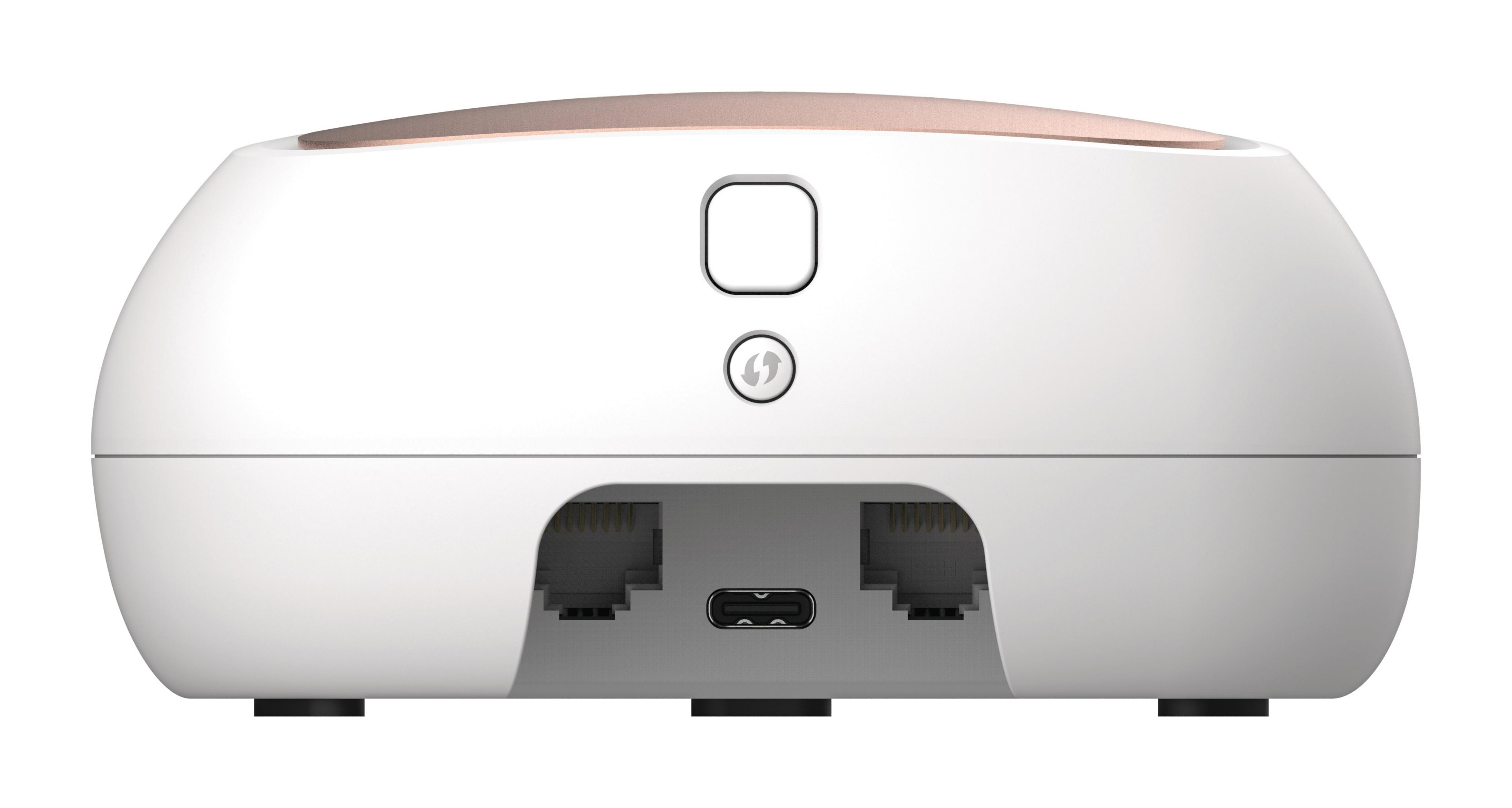Un dispositivo bianco con due porte di rete, una porta USB e due pulsanti.
